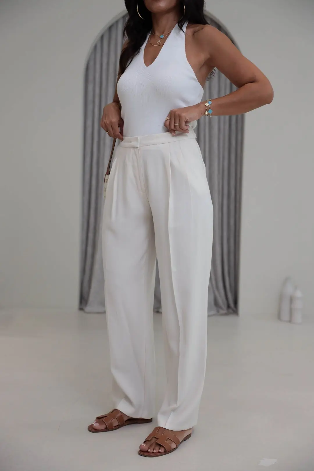 7545 Beli Ayarlanabilir Tencel Pantolon EKRU