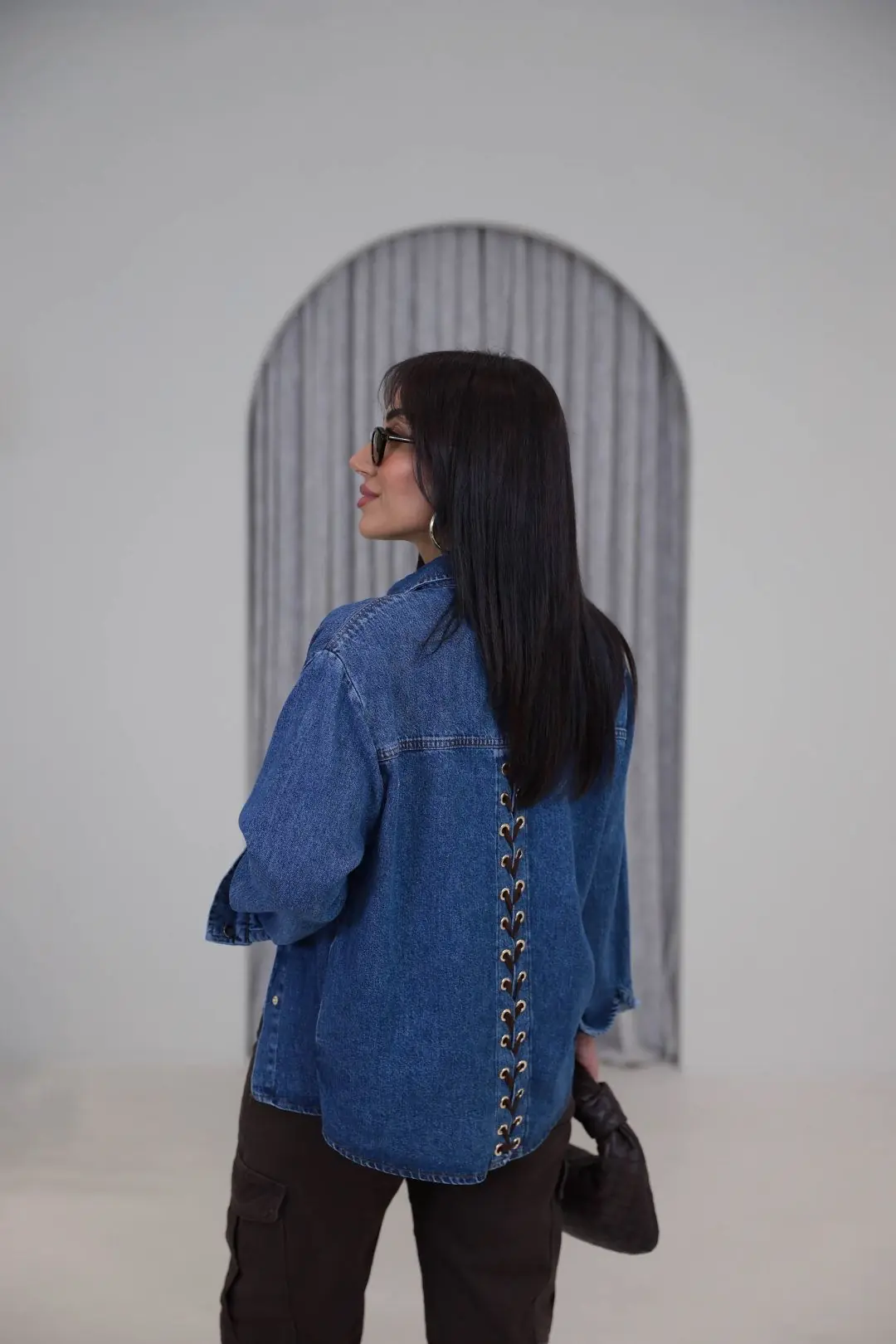 1181 Sırtı Çapraz Bağcık Detaylı Denim Gömlek Ceket KOYU MAVİ - KOYU MAVİ