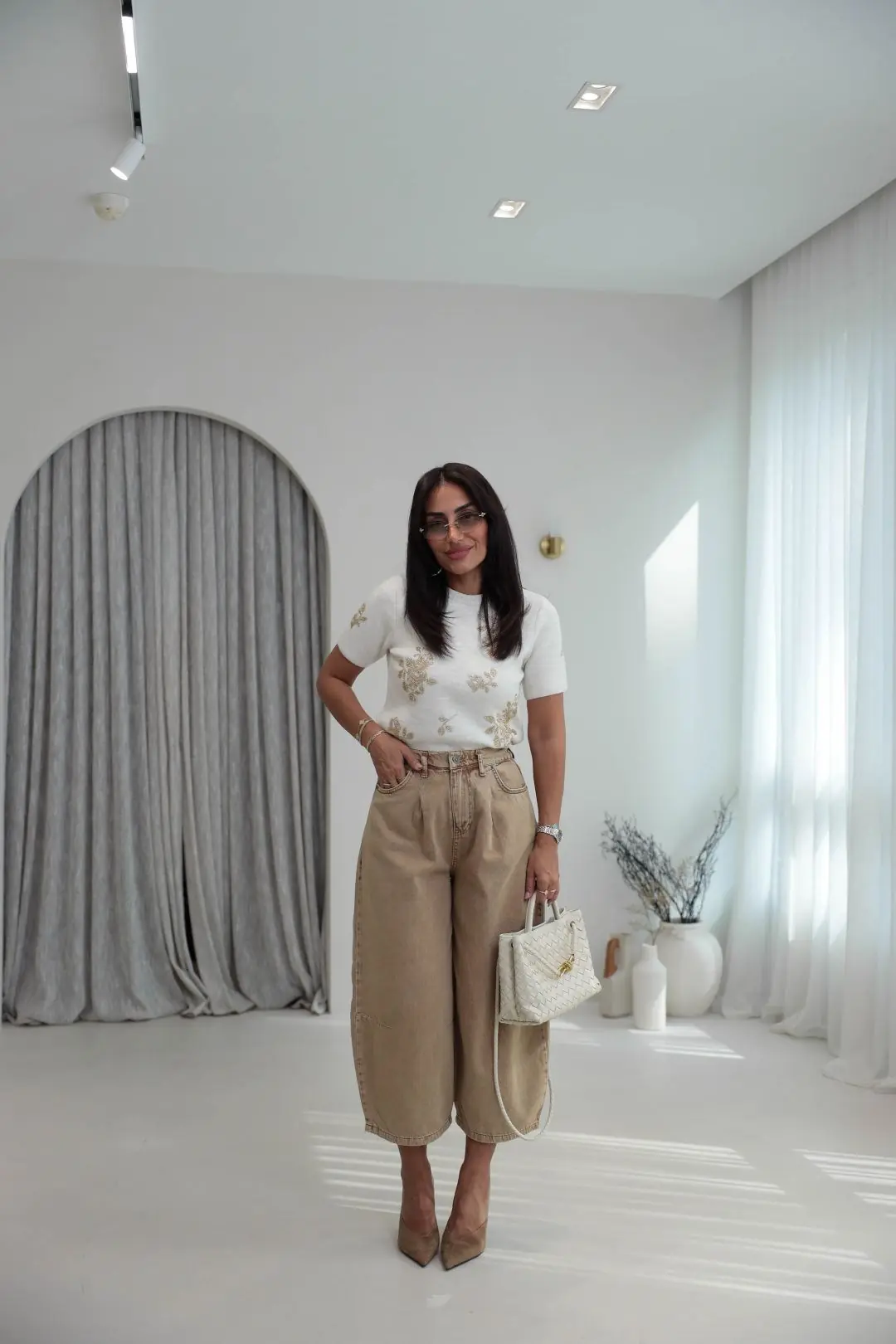 0107 Bel Lastikli Yüksek Bel Rahat Kesim Denim Pantolon CAMEL