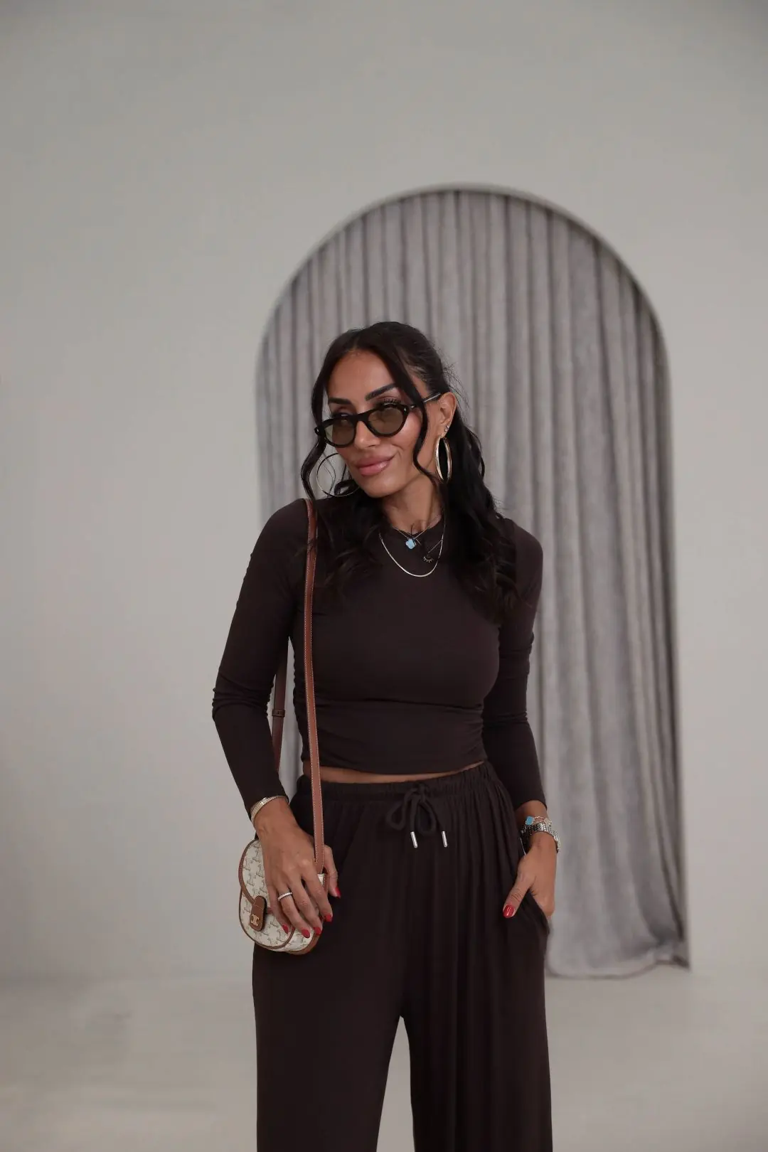 4289 Modal Drape Detaylı Şalvar Kesimli Bluz Pantolon Takım KAHVE