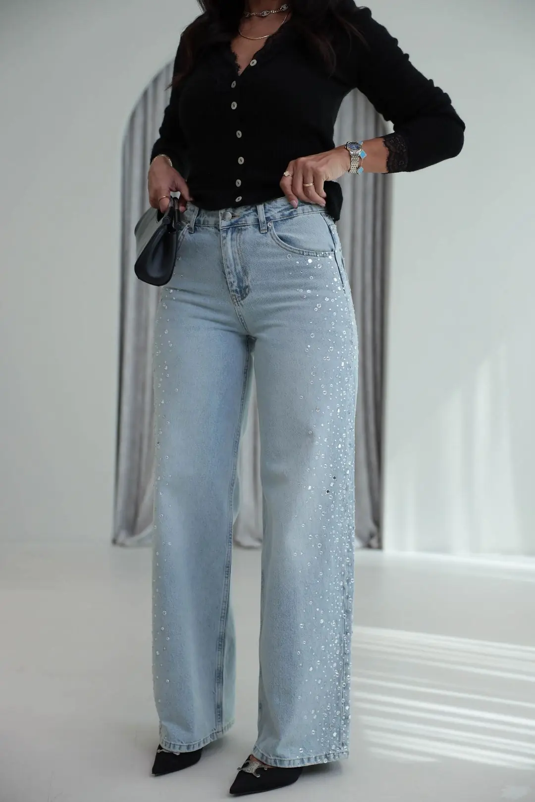 9119 Taş işlemeli Wide Leg jean AÇIK MAVİ - AÇIK MAVİ