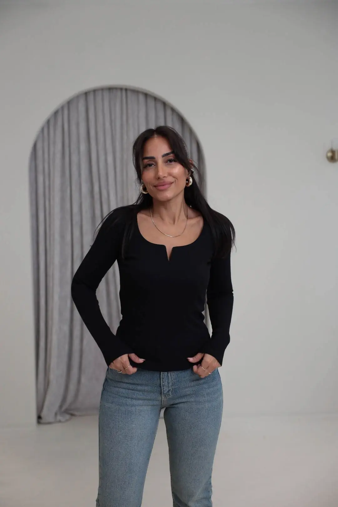 2260Y Damla Yaka Pamuklu Bluz SİYAH