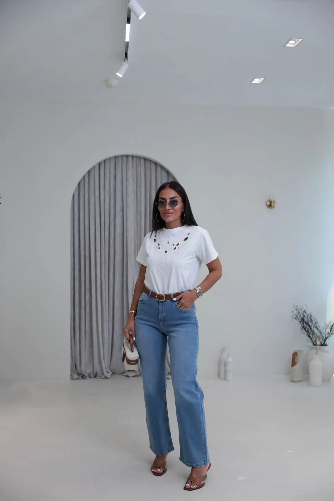 6171 Süet Kemerli Yıkamalı Straight Pantolon MAVİ