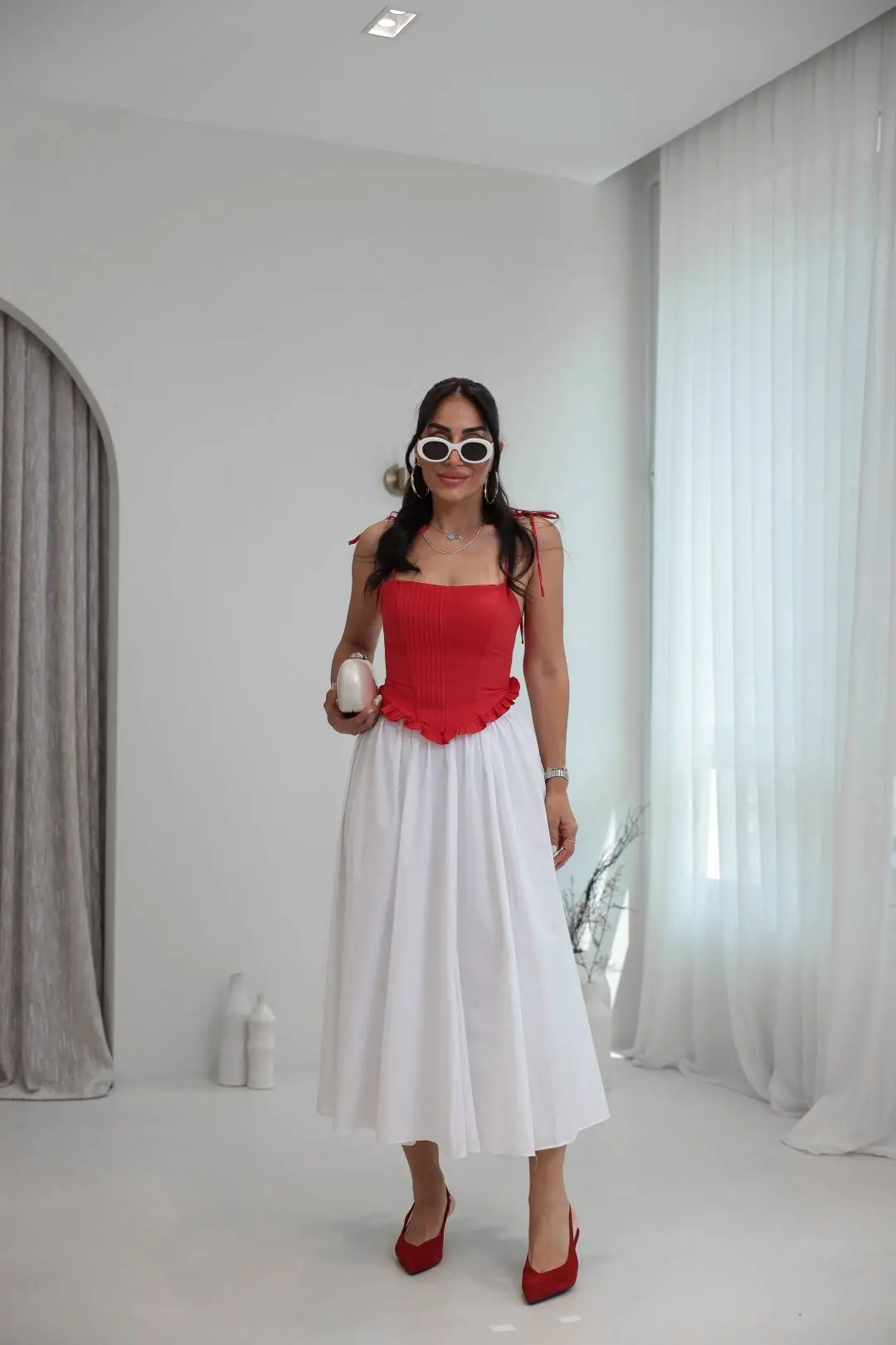 9254 Astarlı Poplin Pamuklu Kloş Etek BEYAZ