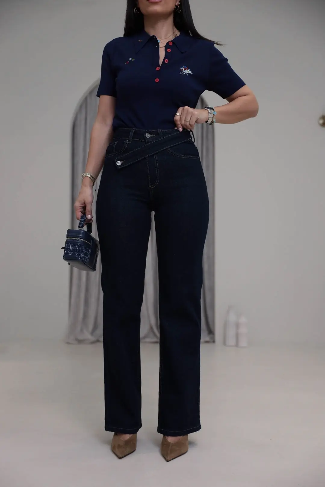 1035 Asimetrik Kemerli Denim Pantolon LACİVERT