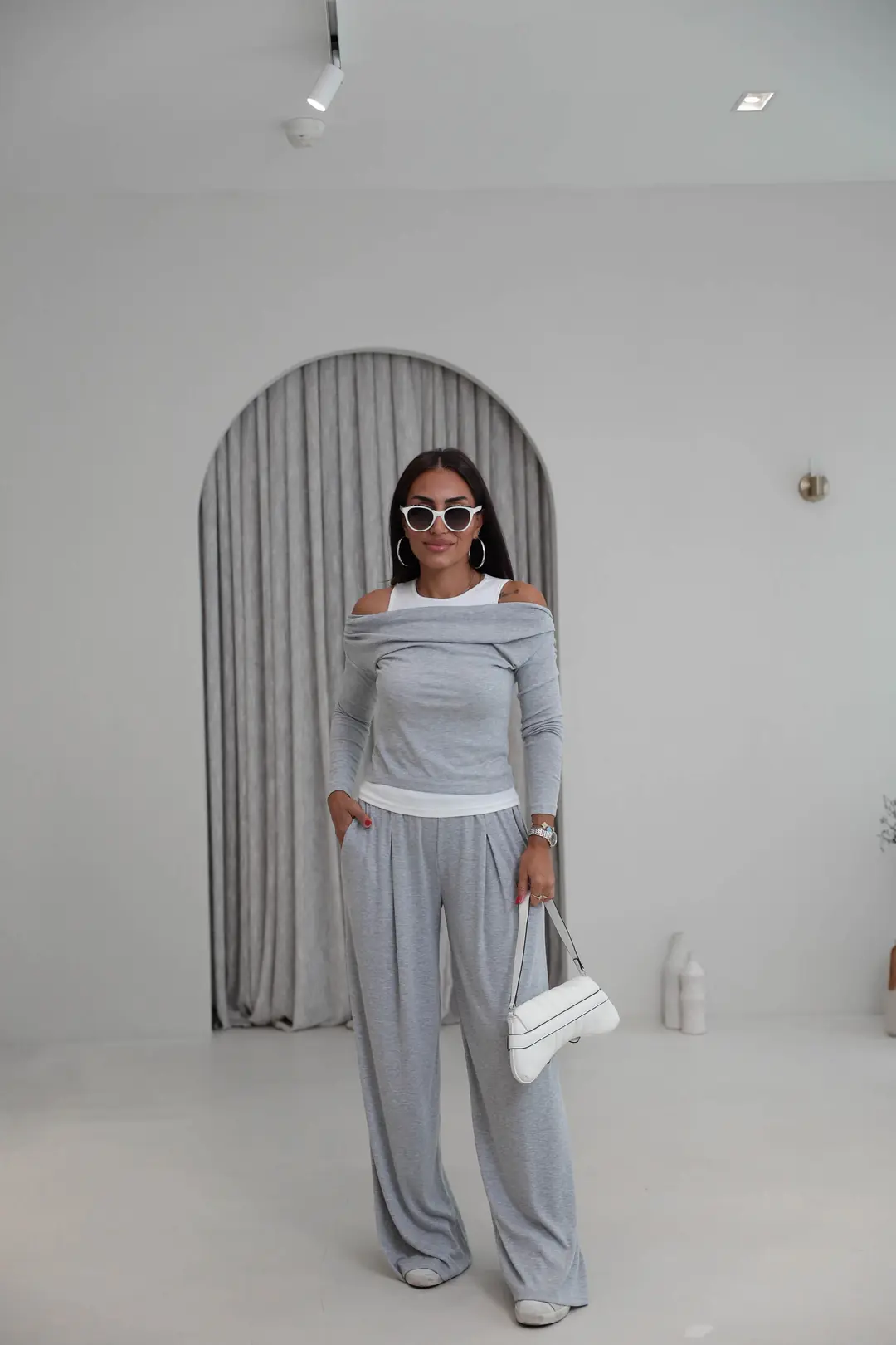 2779 Atlet Detaylı Dökümlü Bluz Pantolon Takım GRİ MELANJ