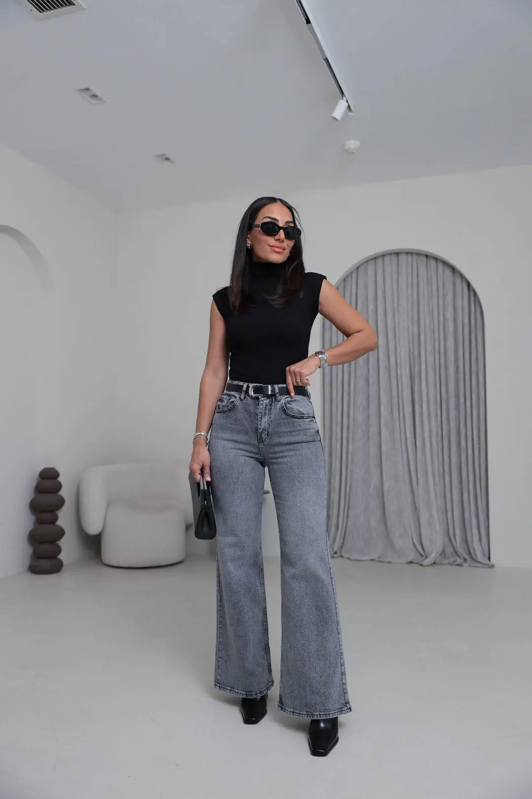Yüksek Bel Wide Leg Jean GRİ