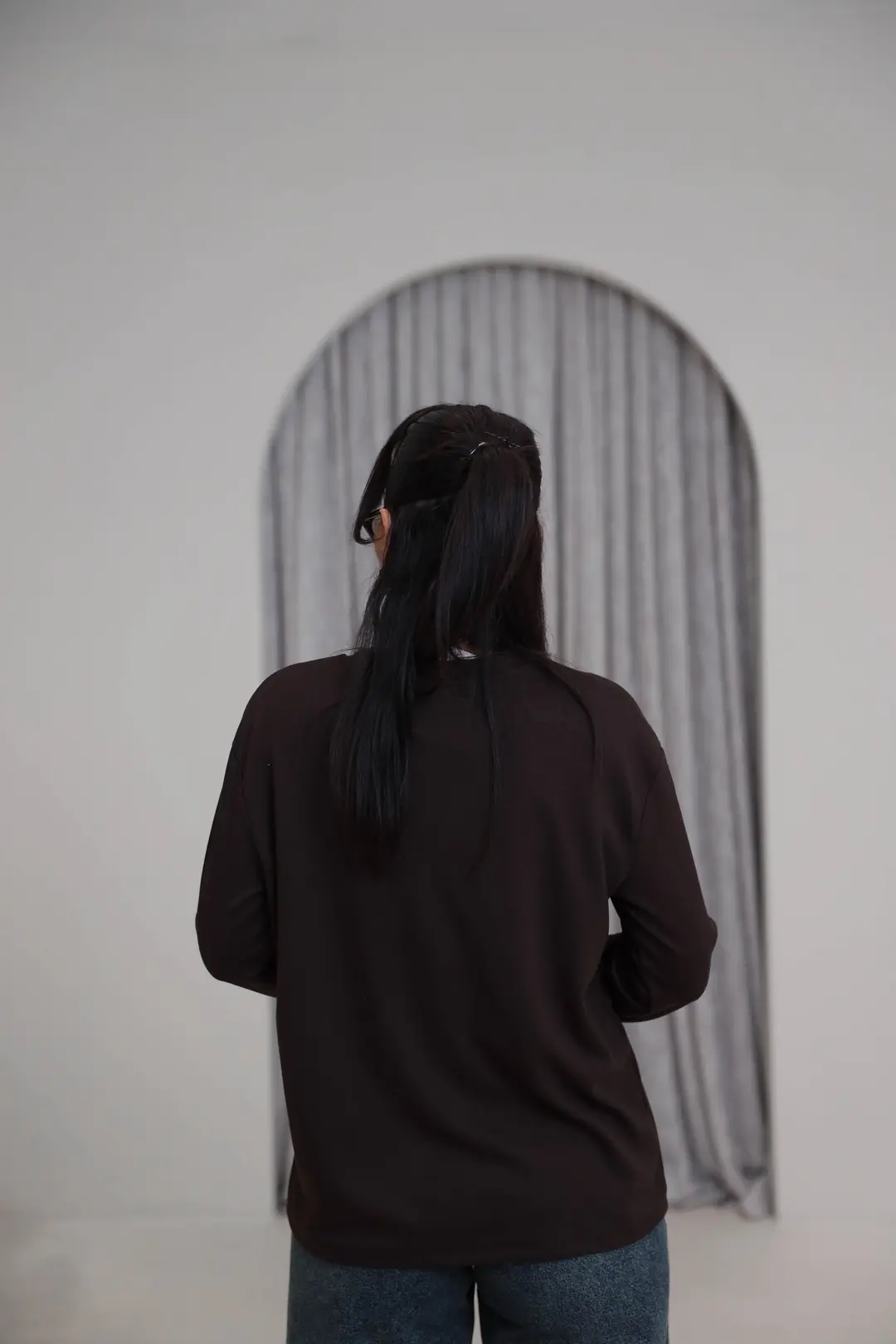 1448 Bisiklet Yaka uzun Kollu Oversize Tshirt KAHVE