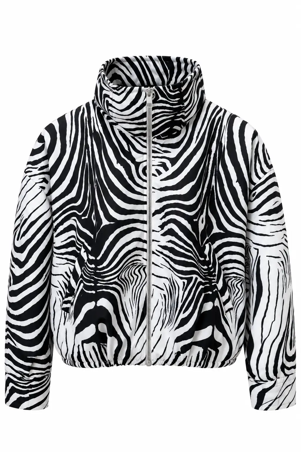 9450 Zebra Desen Fermuarlı Bel Lastikli Ceket SİYAHBEYAZ