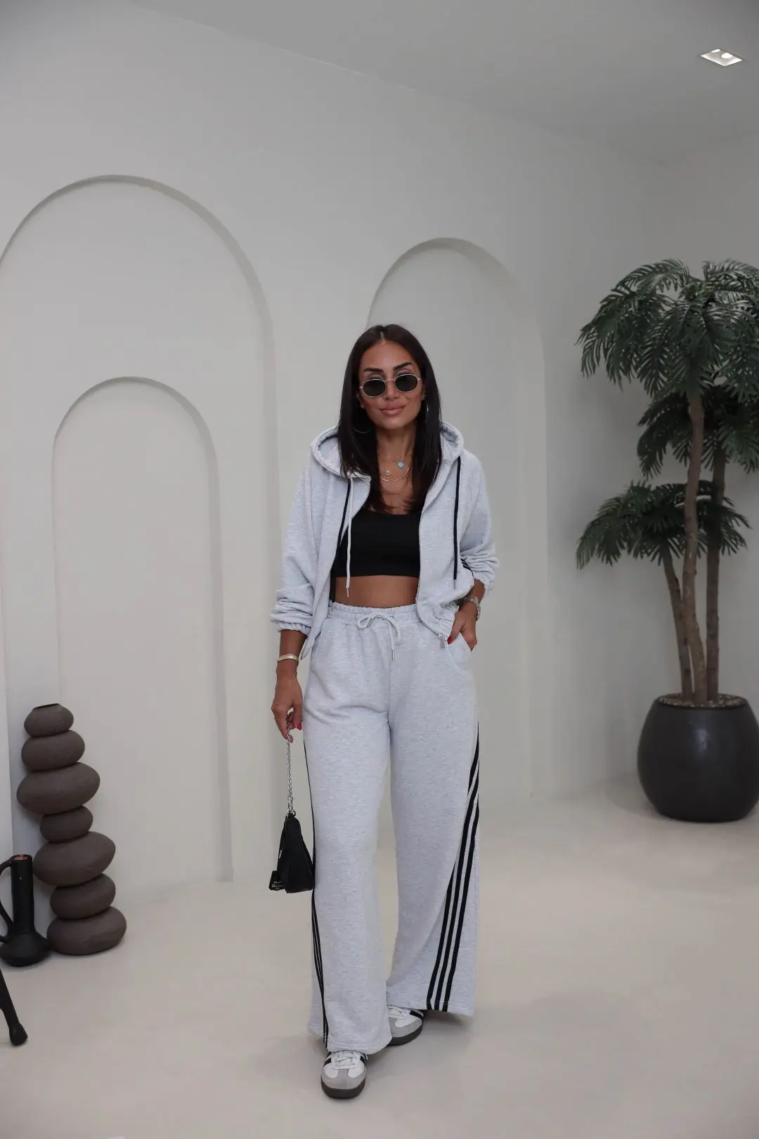 4285 Şerit Detaylı Fermuarlı Sweat Pantolon Takım GRİ MELANJ