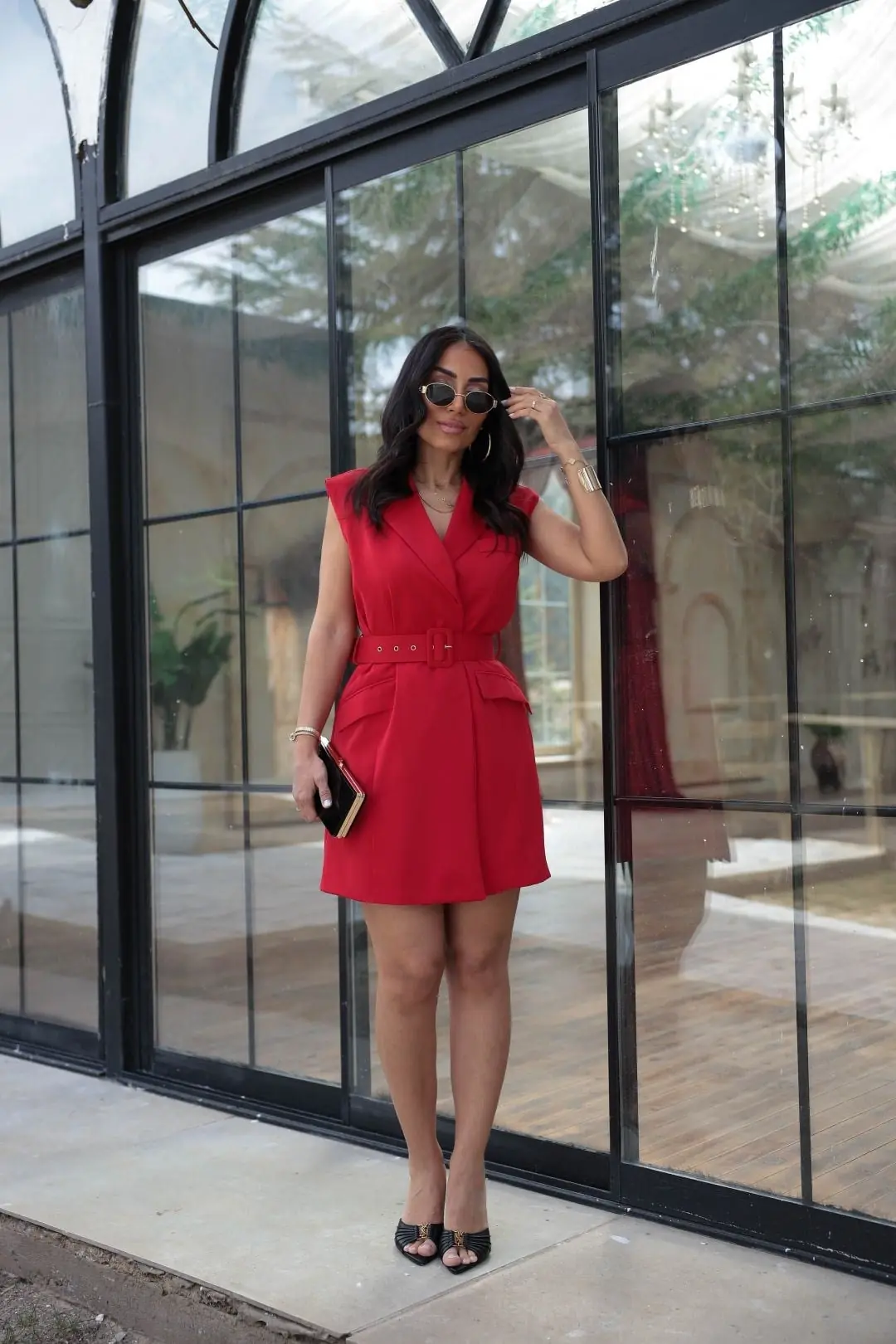 7281 Beli Kemerli Mini Elbise KIRMIZI