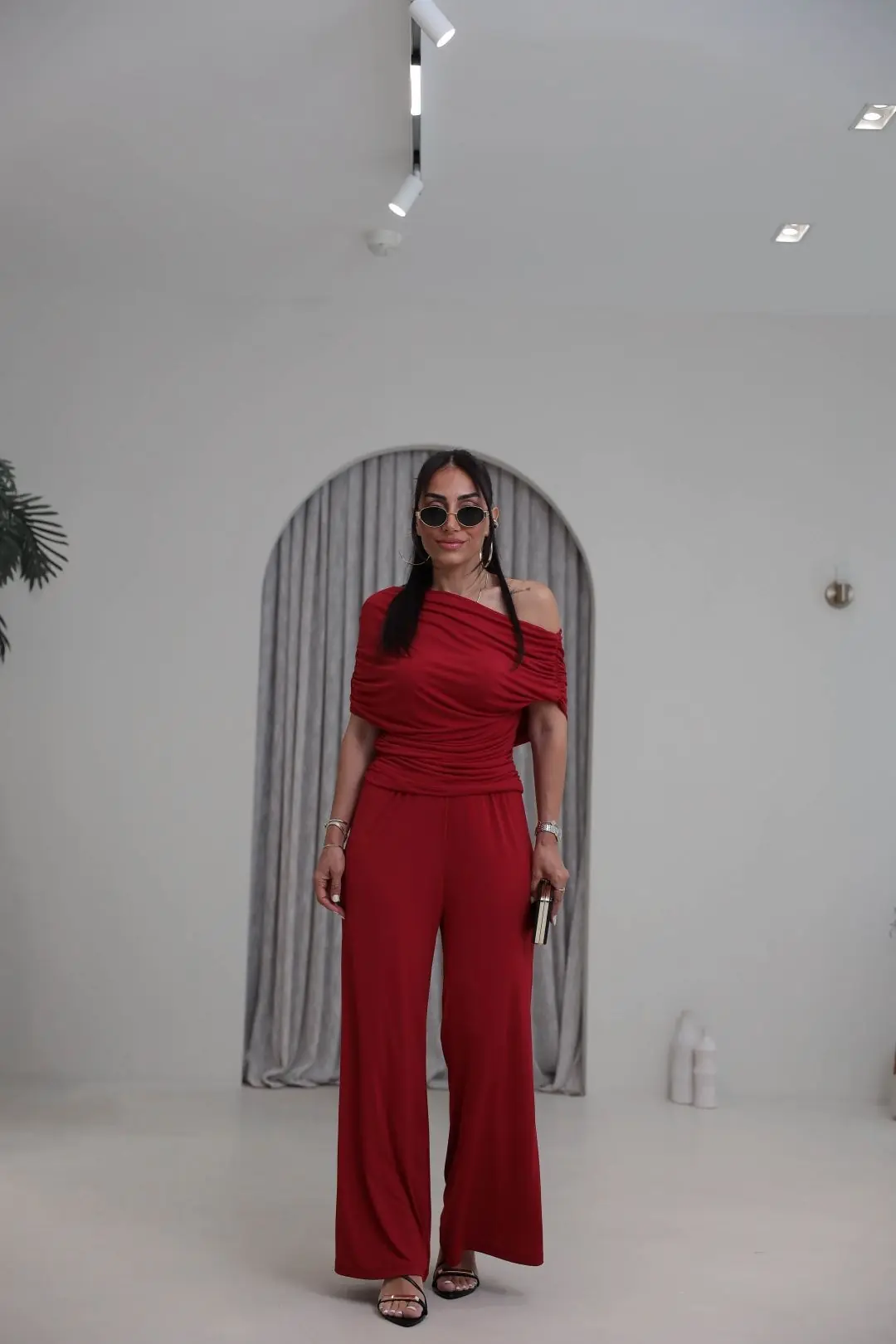 5388 Dökümlü Drapeli Sandy Bluz Pantolon Takım KIRMIZI