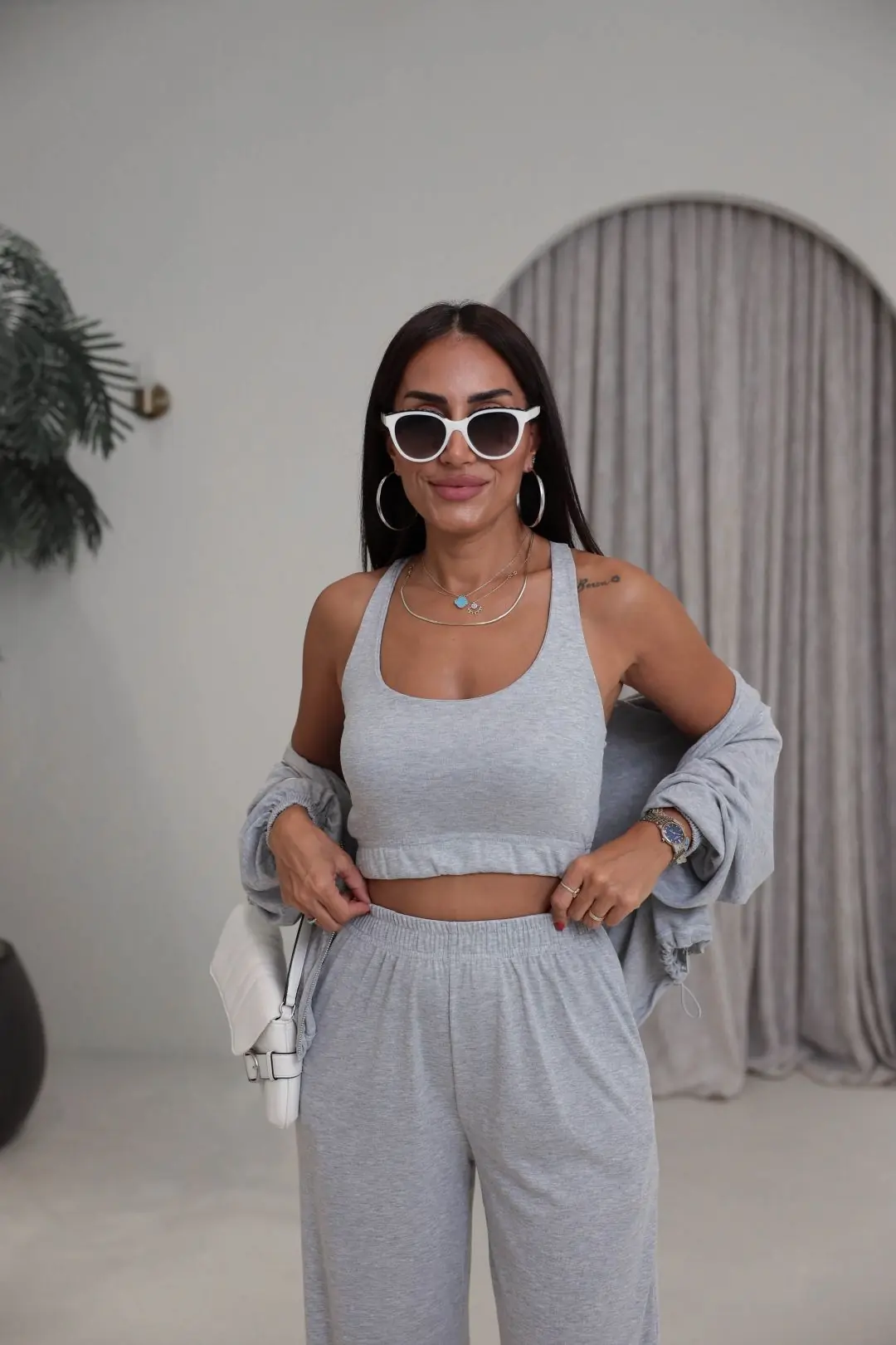 2862 Bralet Detaylı Üçlü Takım GRİ