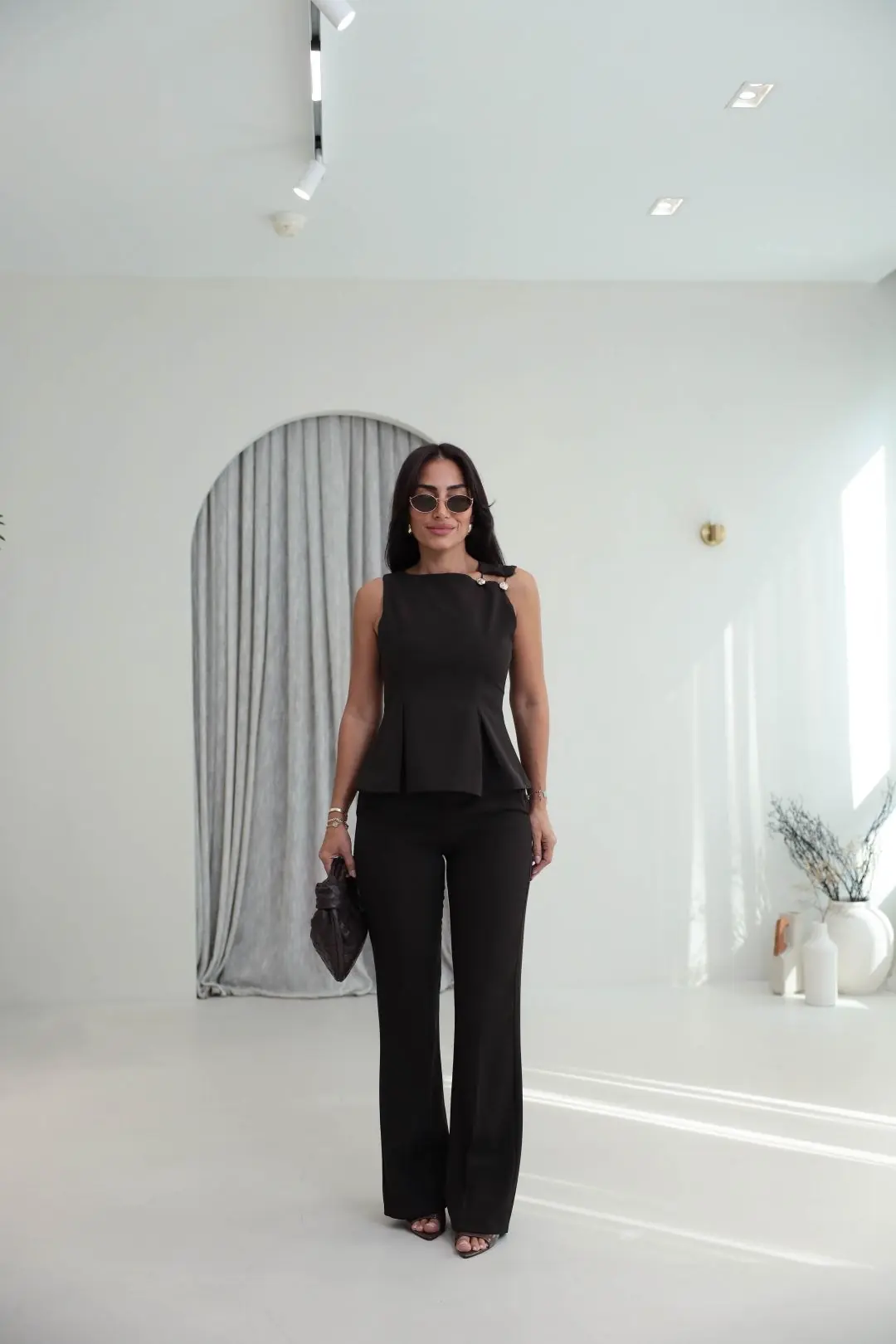 9215 Omuz Düğme Detaylı Bluz & Pantolon Takım KOYU KAHVE - KOYU KAHVE
