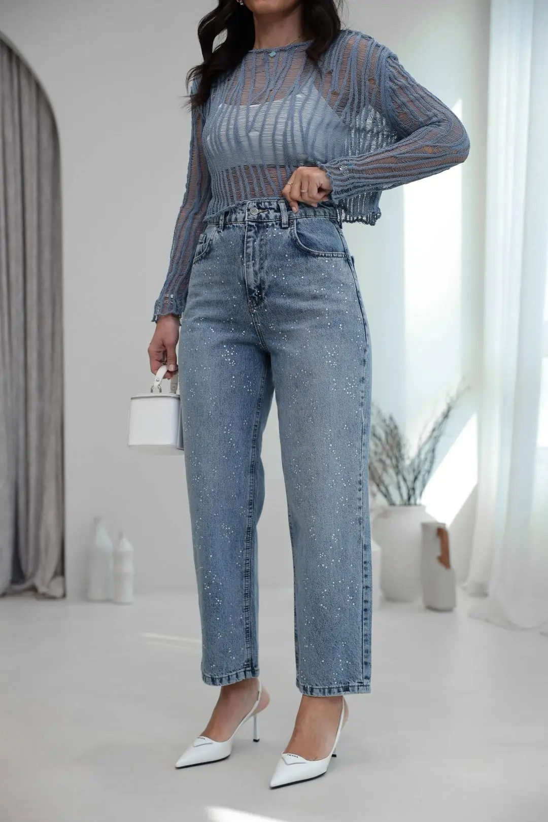 3010 Rahat Kesim Taşlı Mom Jean MAVİ