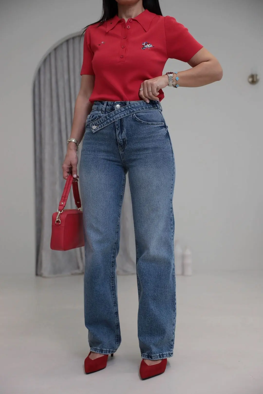 1035 Asimetrik Kemerli Denim Pantolon MAVİ