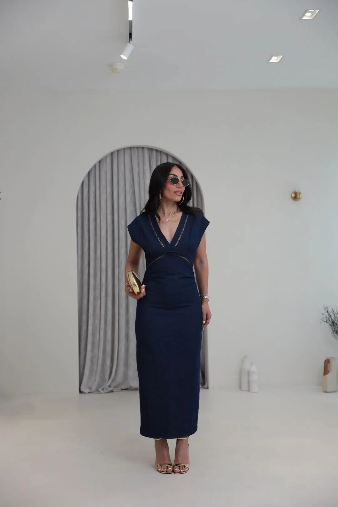 1027 V Yaka Şerit Detaylı Denim Elbise LACİVERT