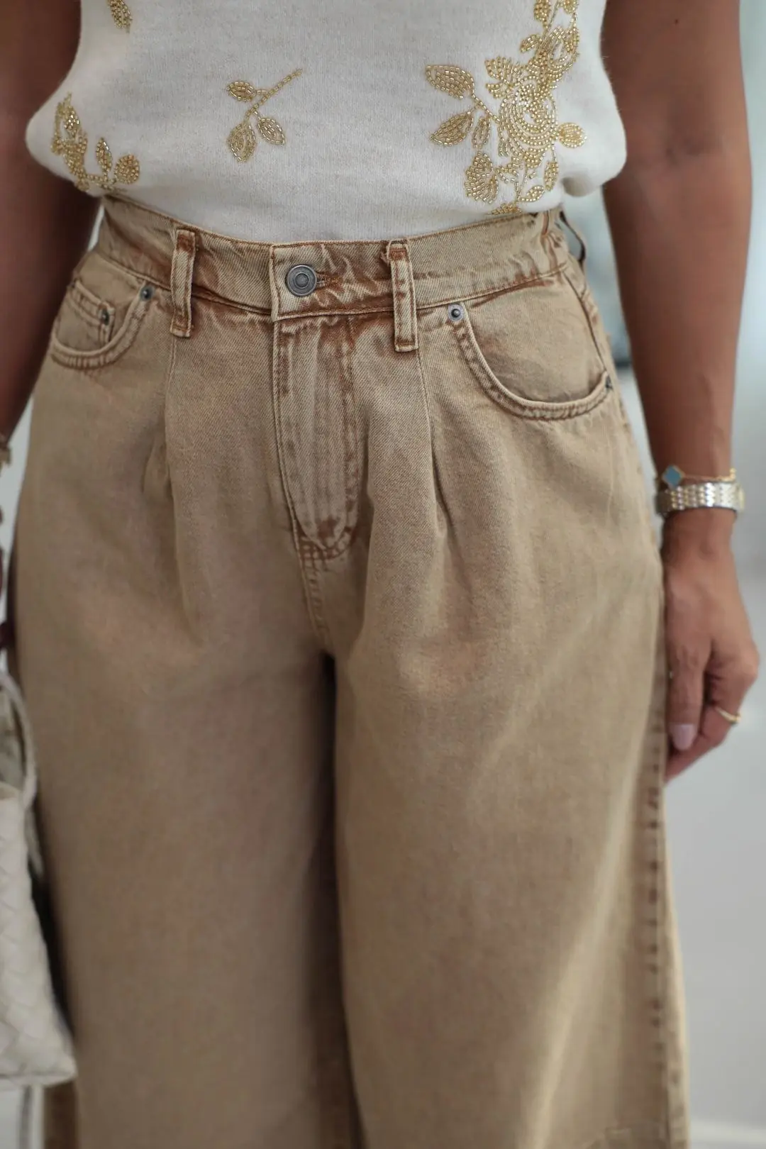 0107 Bel Lastikli Yüksek Bel Rahat Kesim Denim Pantolon CAMEL