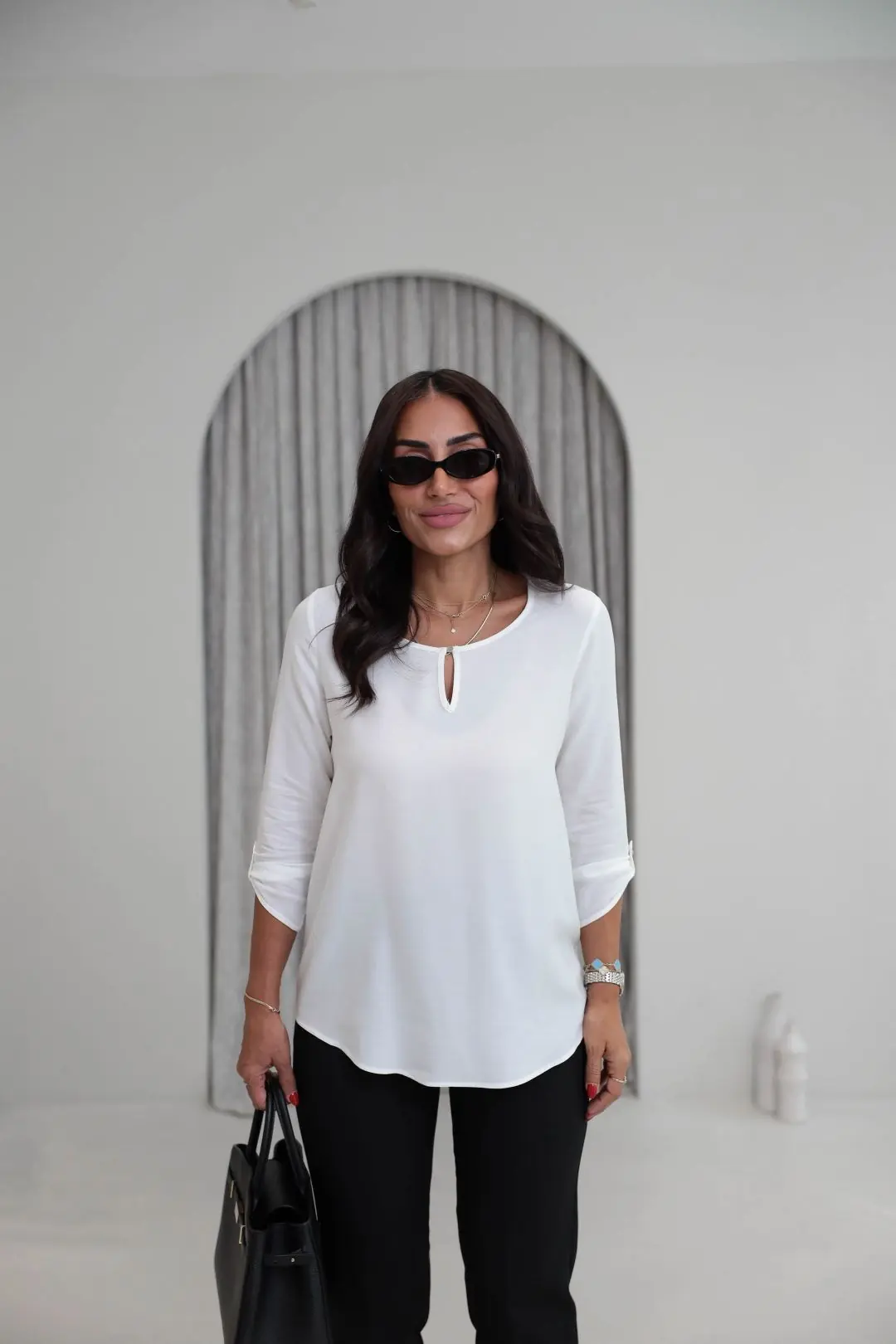 Mini Gold Düğmeli Viskon Orj Bluz EKRU