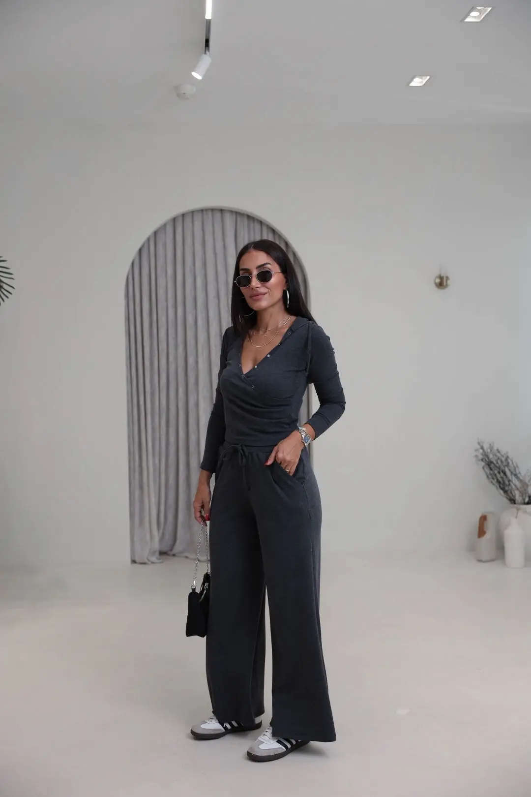 9034 Bağcıklı Yumuşak Kumaş Pantolon SİYAH