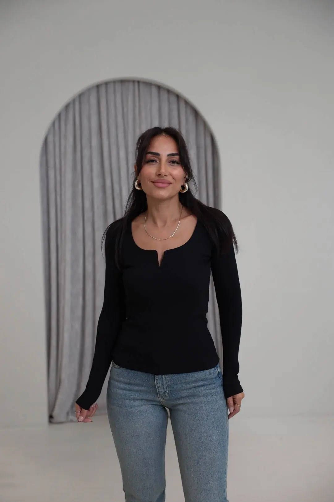 2260Y Damla Yaka Pamuklu Bluz SİYAH