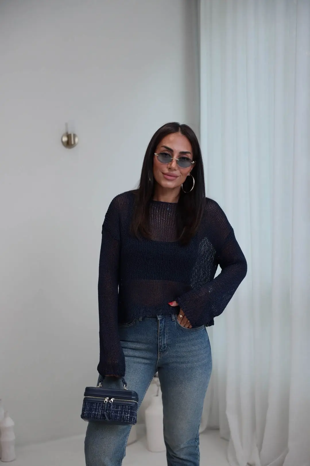 8741 Kayık Yaka Ajurlu Triko Bluz LACİVERT