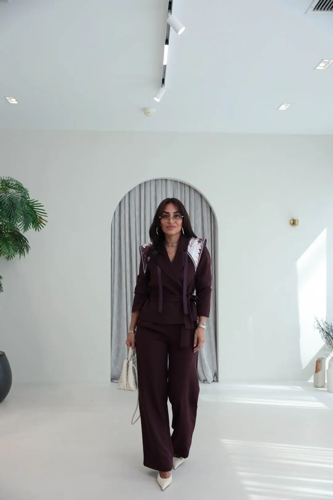 9319 Şal Detaylı Kuşaklı Ceket Pantolon MÜRDÜM
