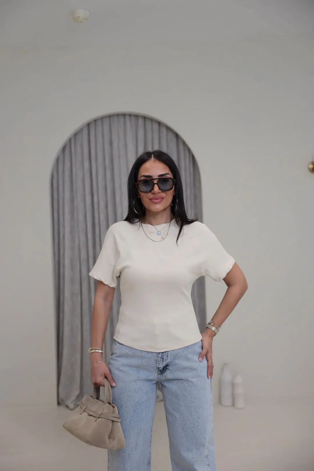 2322 Reglan Kol Yandan Fermuarlı Pamuklu Tshirt BEJ