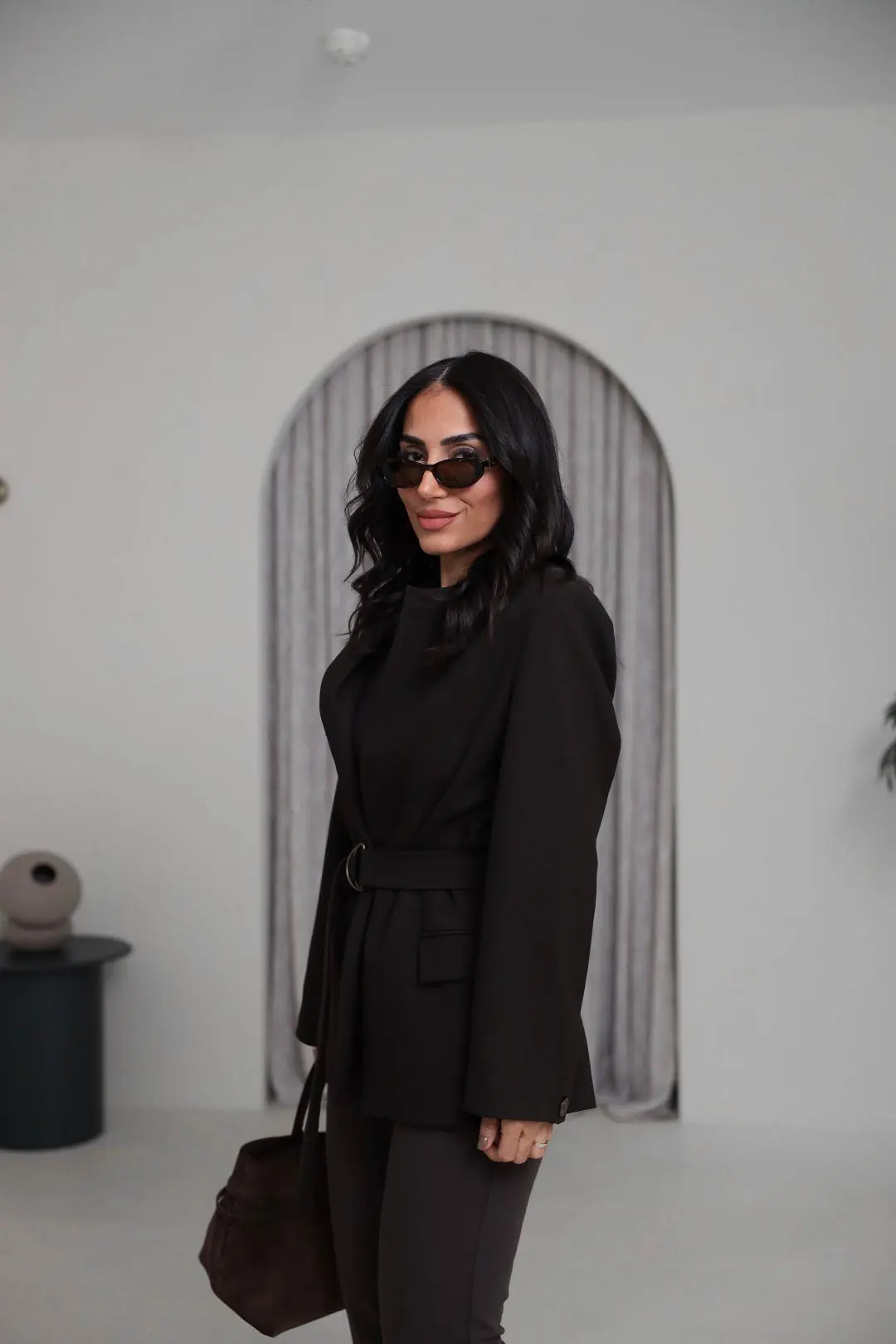 1284 Vatkalı Kemerli Balıksırtı Blazer Ceket KAHVE