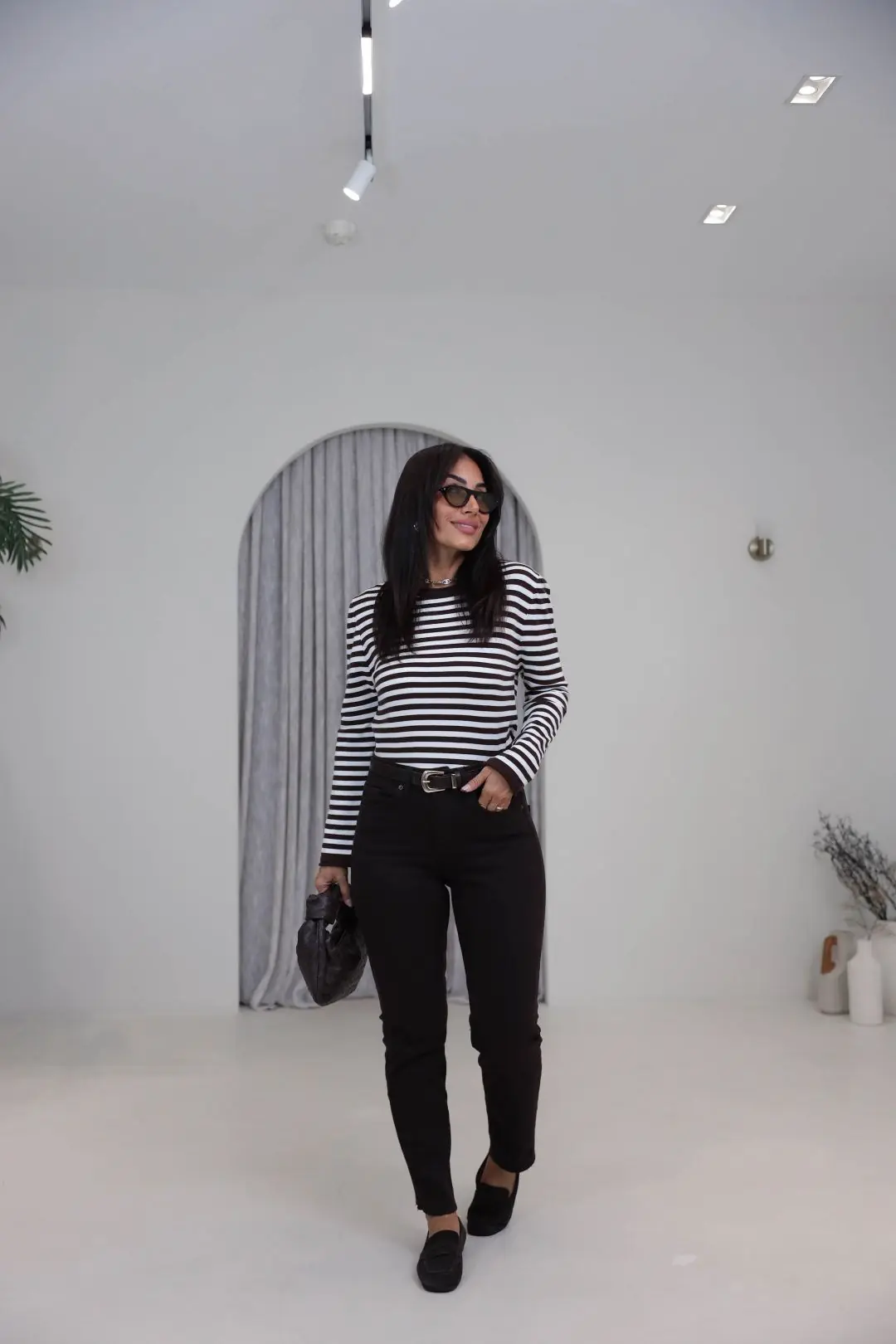1267 Bisiklet Yaka Çizgili Triko Bluz KAHVE