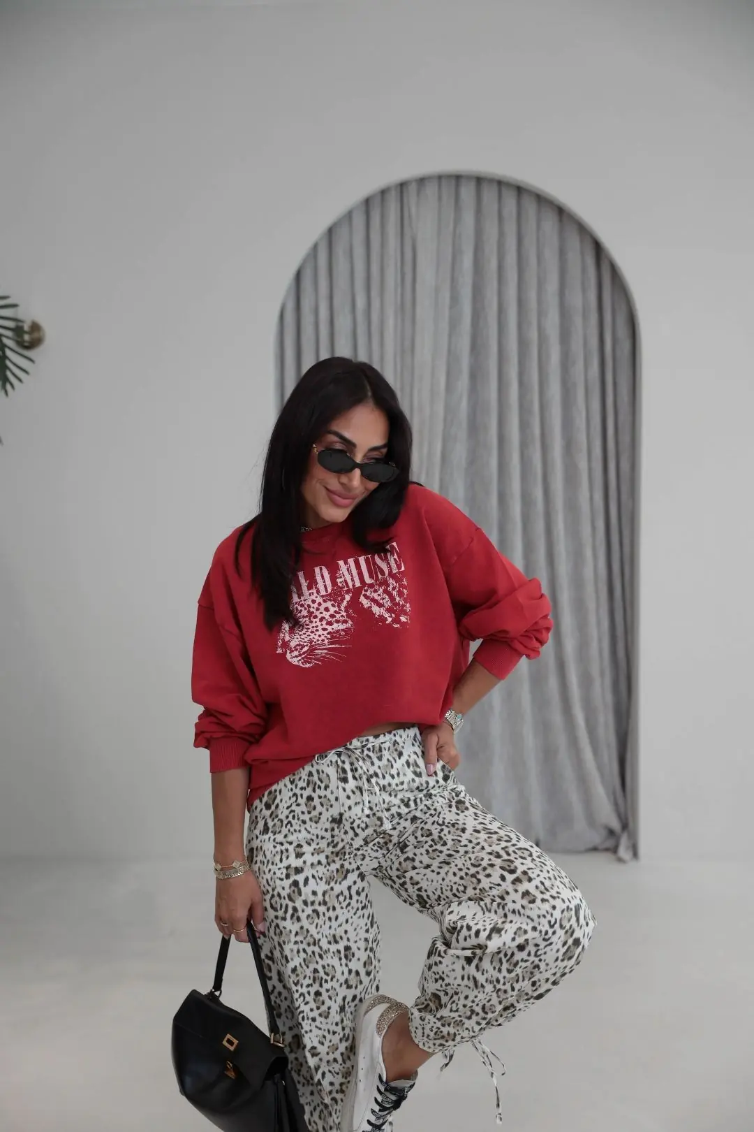 9106 Kaplan Baskılı Ribanalı İki İplik Sweatshirt KIRMIZI
