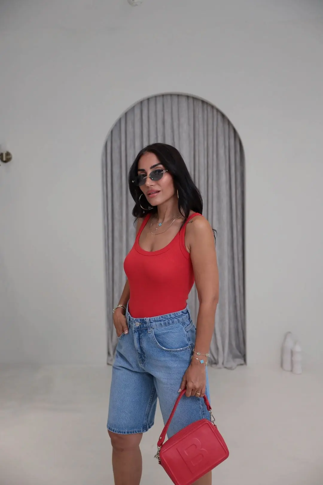 1053 Askılı Pamuklu Bodysuit KIRMIZI