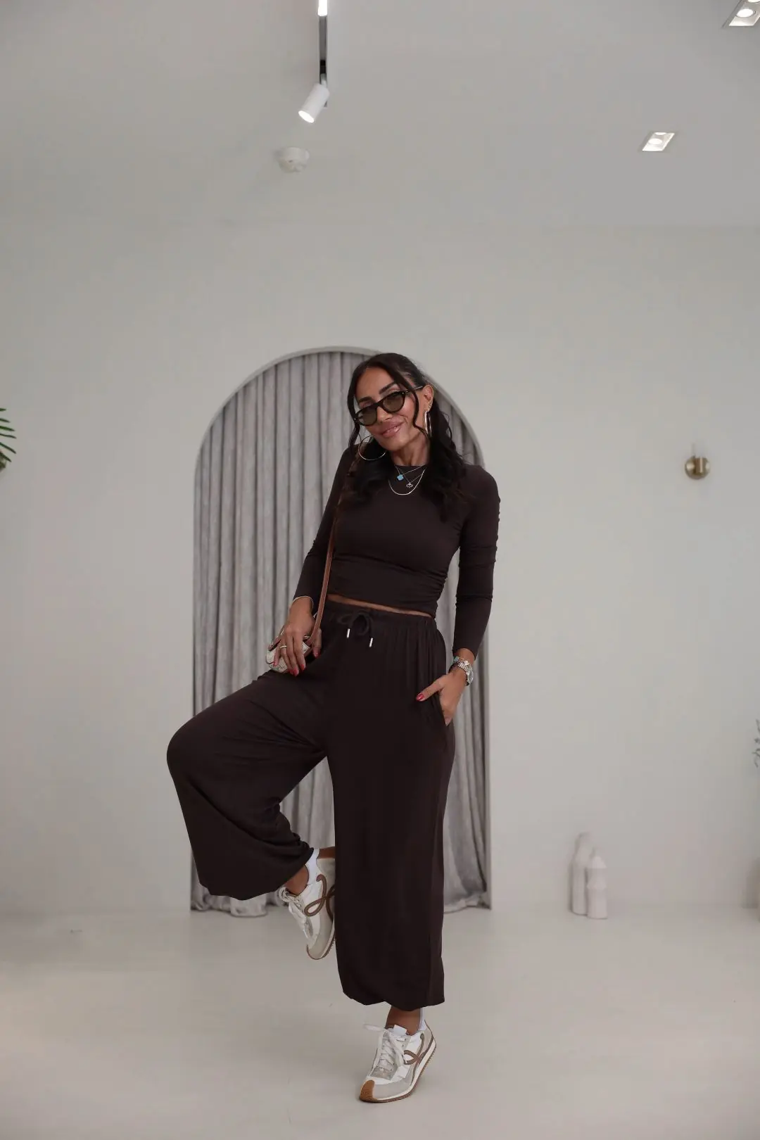 4289 Modal Drape Detaylı Şalvar Kesimli Bluz Pantolon Takım KAHVE
