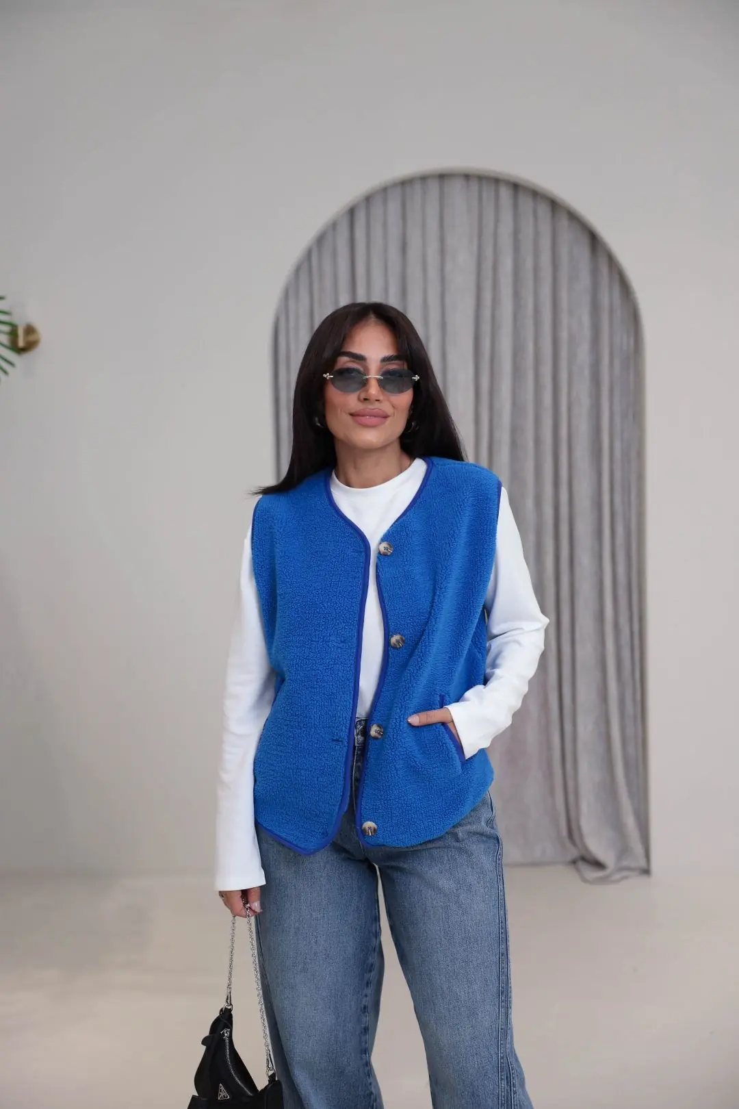 3242 Düğme Detaylı Oys Model Peluş Yelek MAVİ