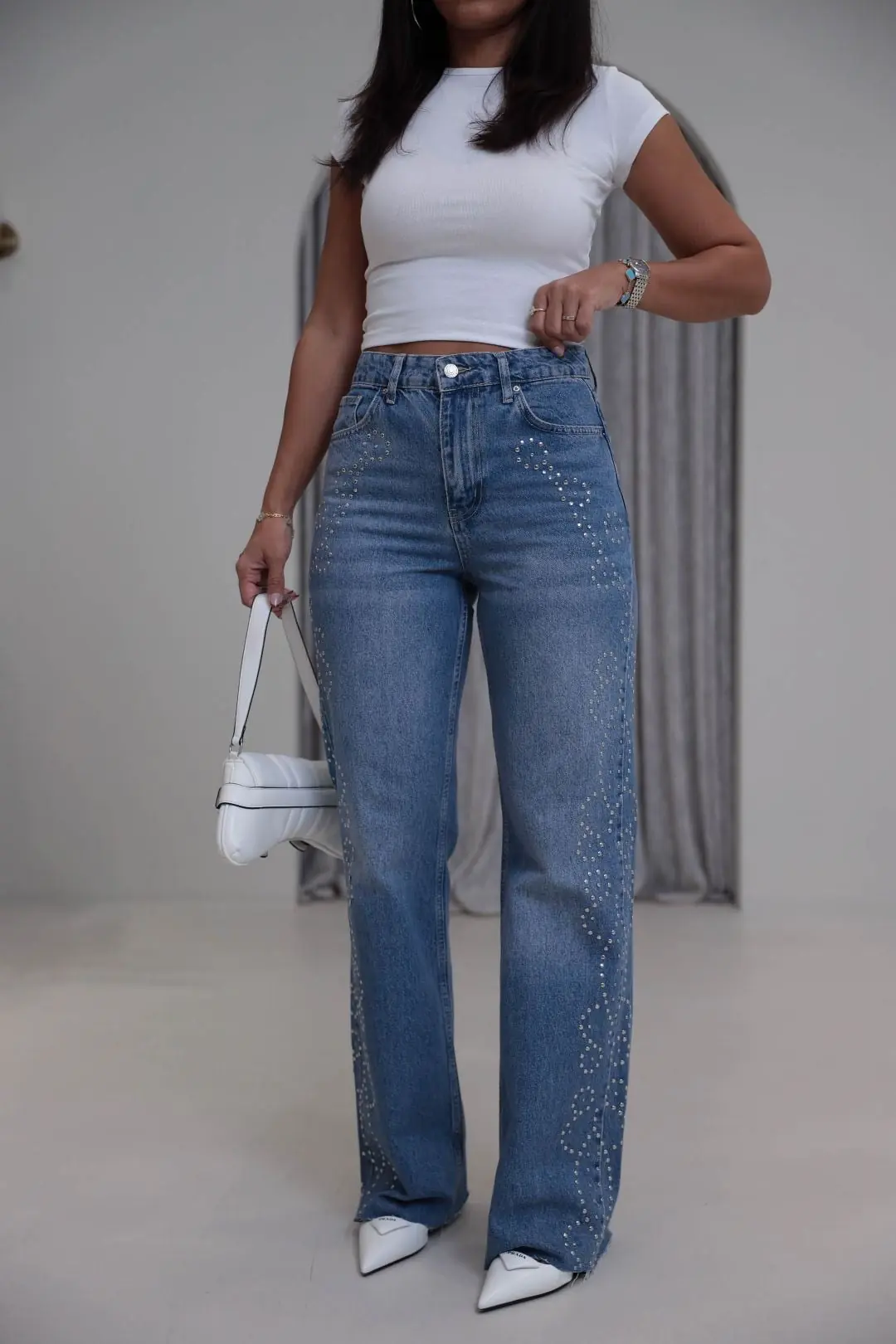 1077 Kenar Drop Taşlı Lazer Kesikli Bol Paça Denim Pantolon MAVİ - MAVİ