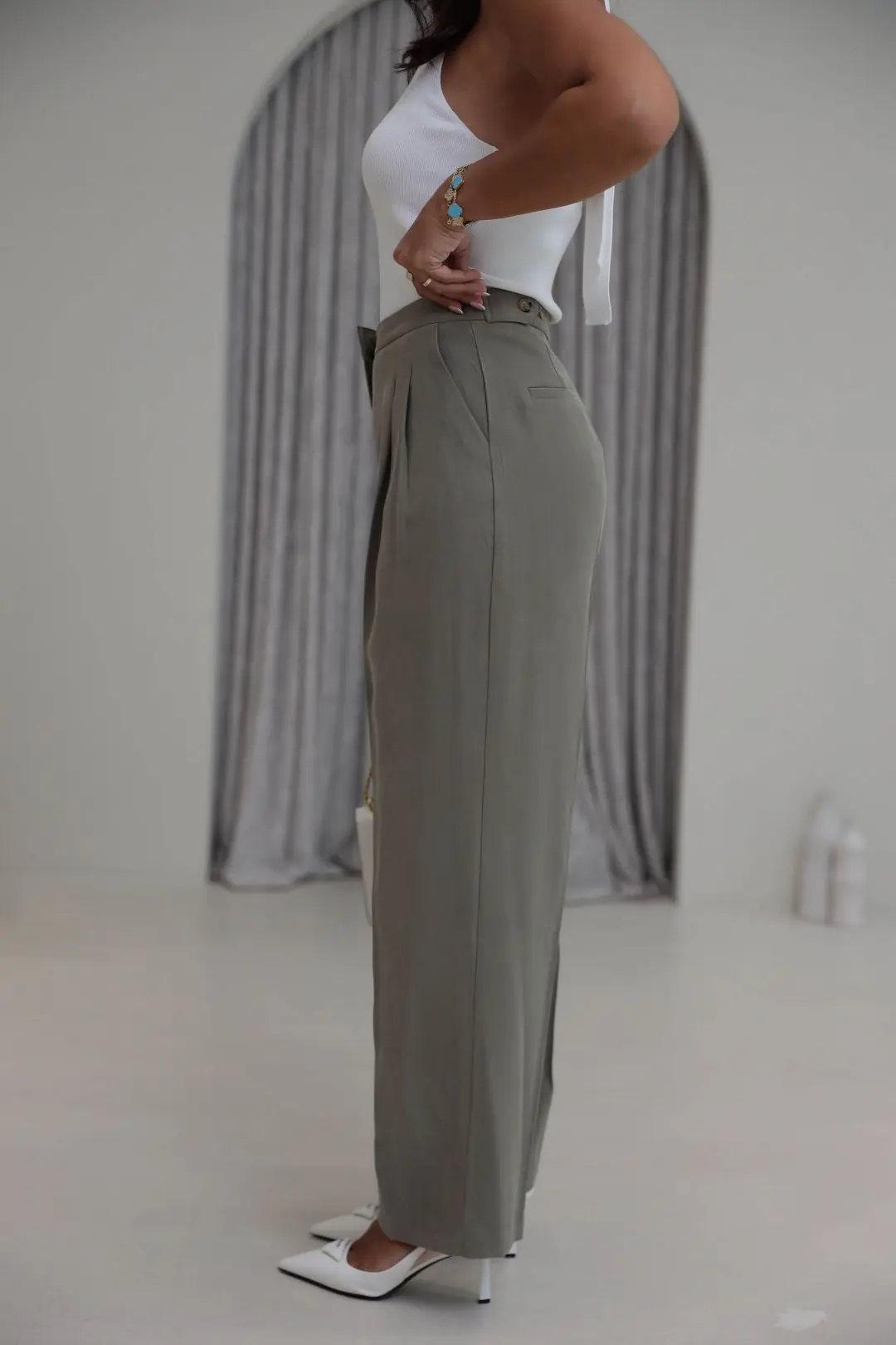 7545 Beli Ayarlanabilir Tencel Pantolon HAKİ YEŞİL