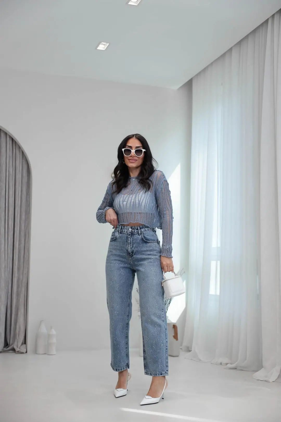 3010 Rahat Kesim Taşlı Mom Jean MAVİ
