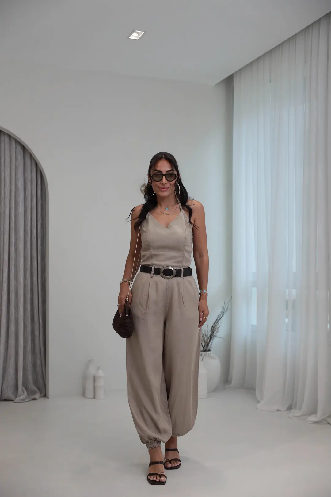 2330 Boyundan Bağlamalı Tencel Tulum KOYU BEJ - KOYU BEJ