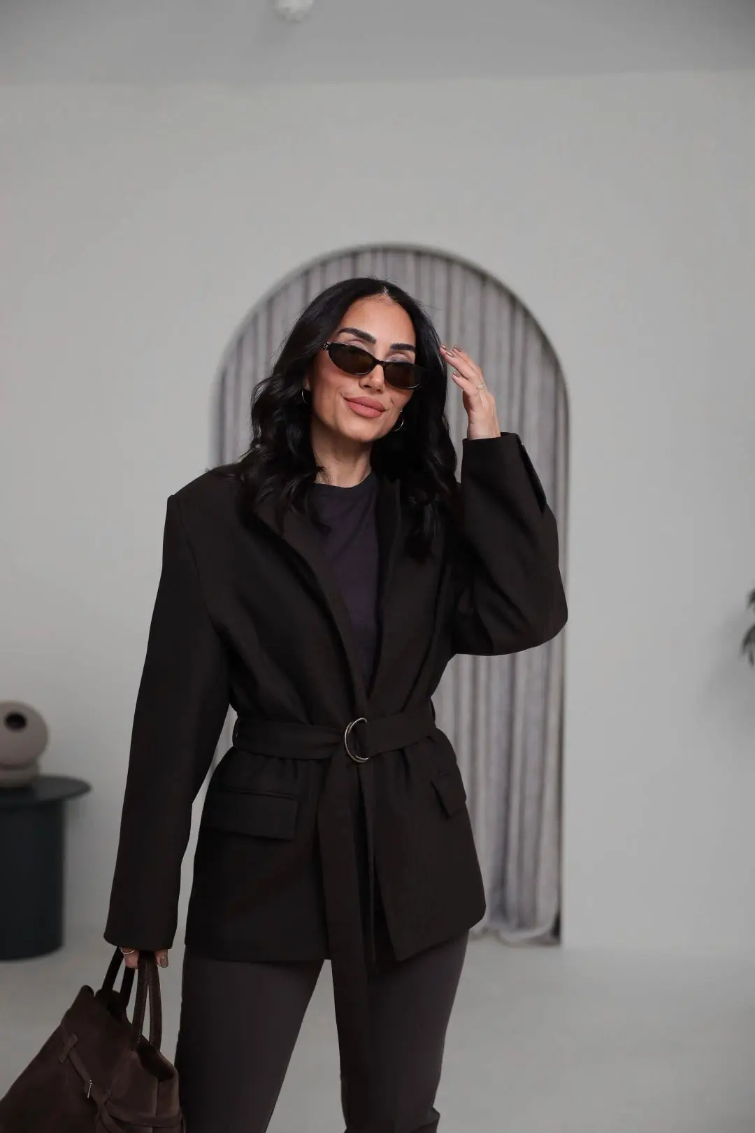 1284 Vatkalı Kemerli Balıksırtı Blazer Ceket KAHVE