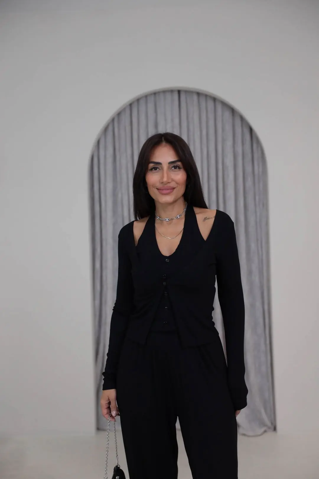 3583 Çift Katman Detaylı Takım SİYAH
