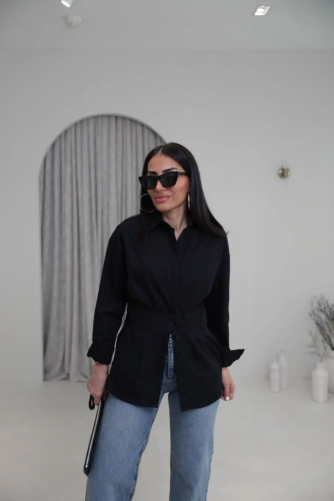 3013 Belden Oturtmalı Poplin Gömlek SİYAH