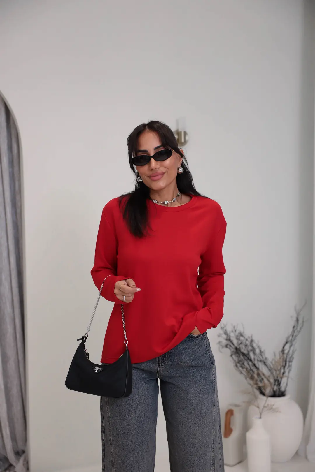 1448 Bisiklet Yaka uzun Kollu Oversize Tshirt KIRMIZI