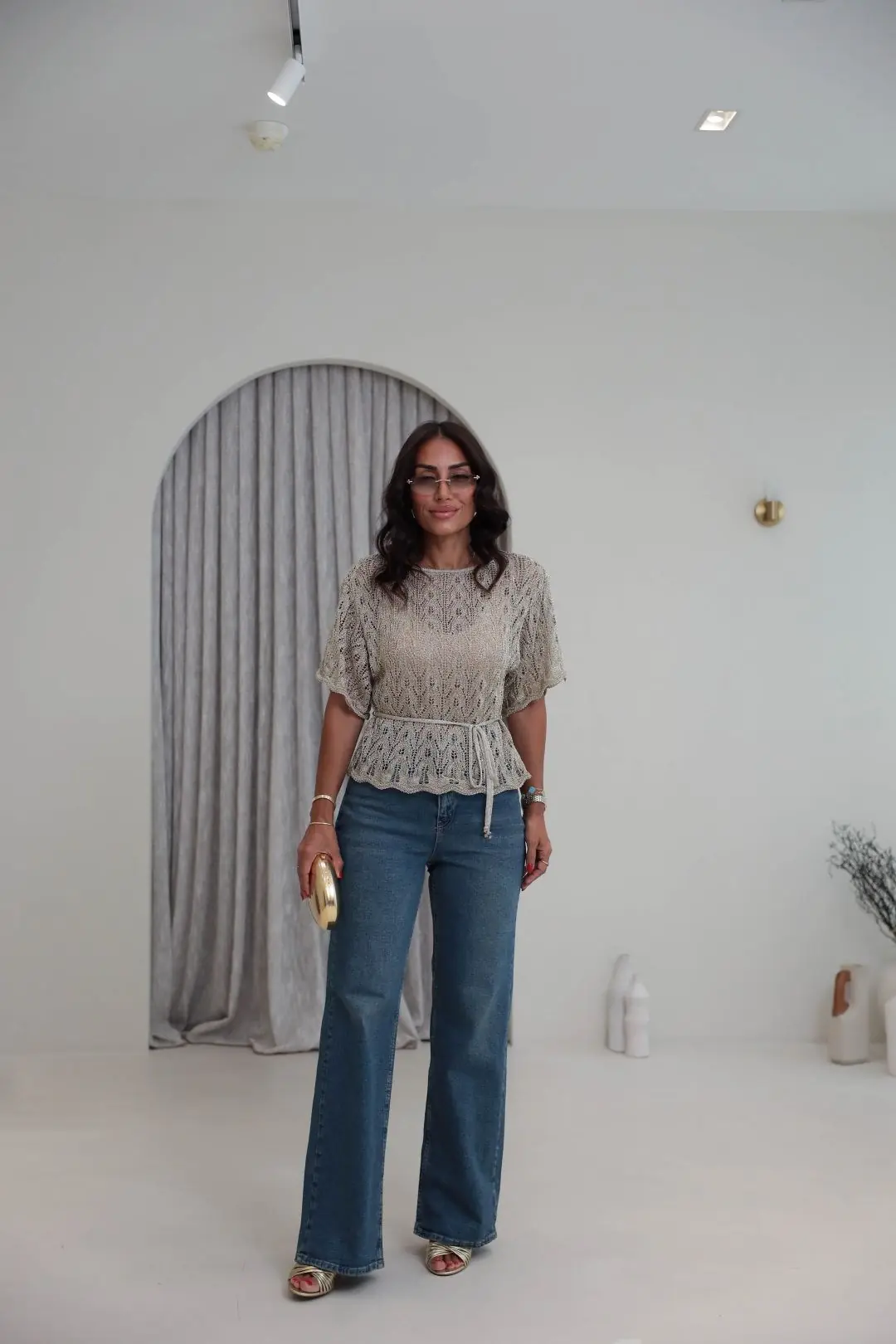 2849 Metalik İpli Kuşaklı Örgü Bluz GOLD
