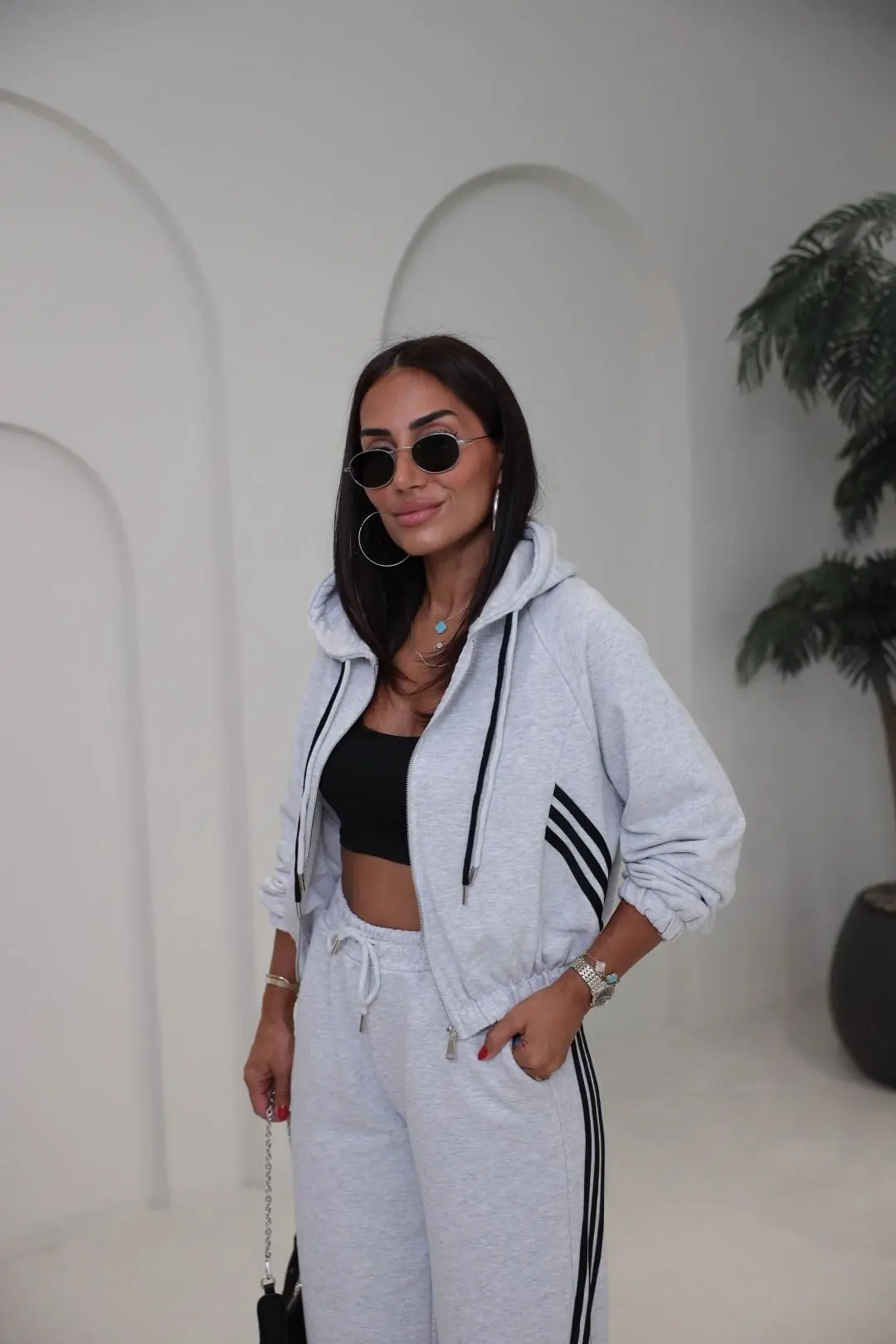 4285 Şerit Detaylı Fermuarlı Sweat Pantolon Takım GRİ MELANJ
