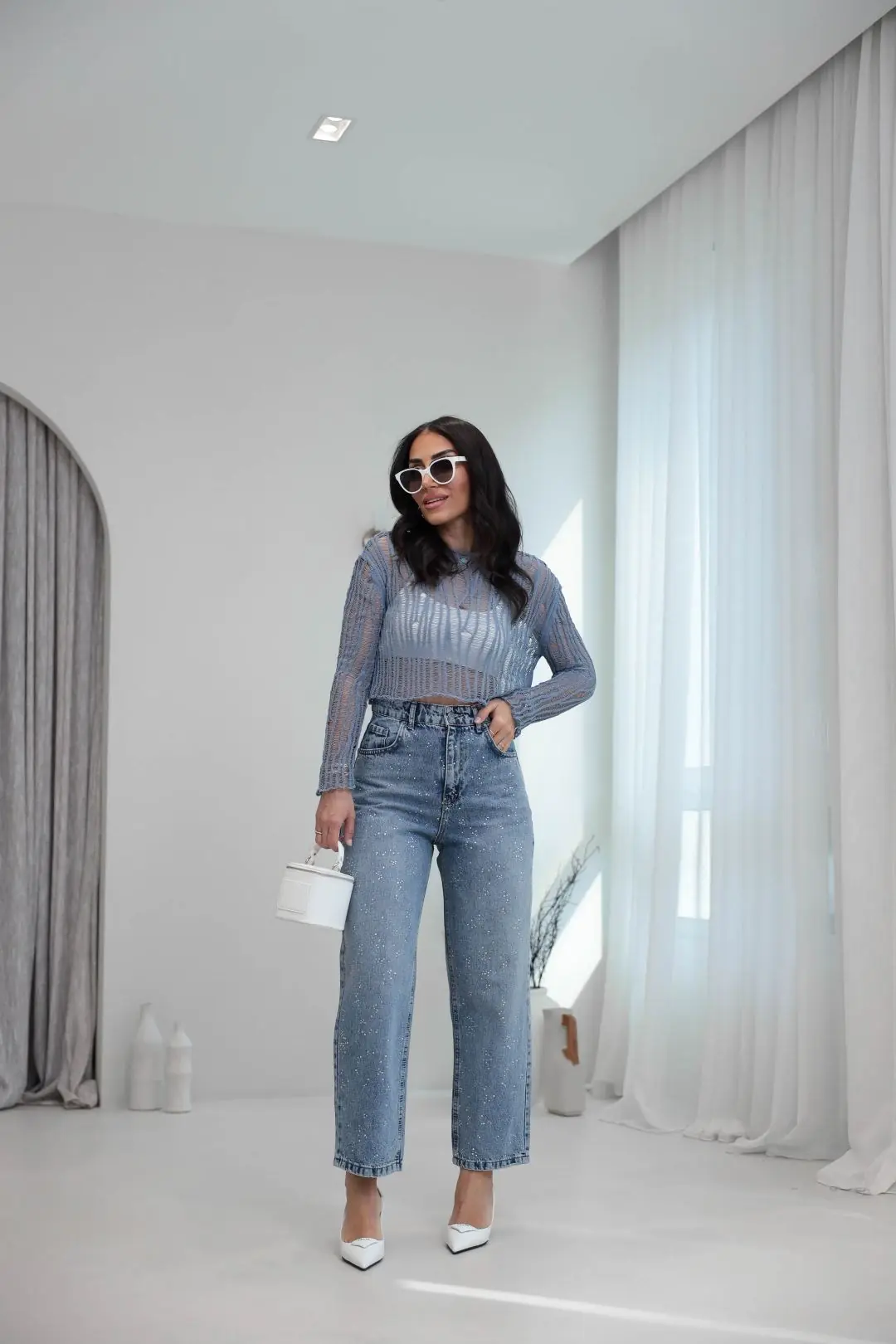 3010 Rahat Kesim Taşlı Mom Jean MAVİ