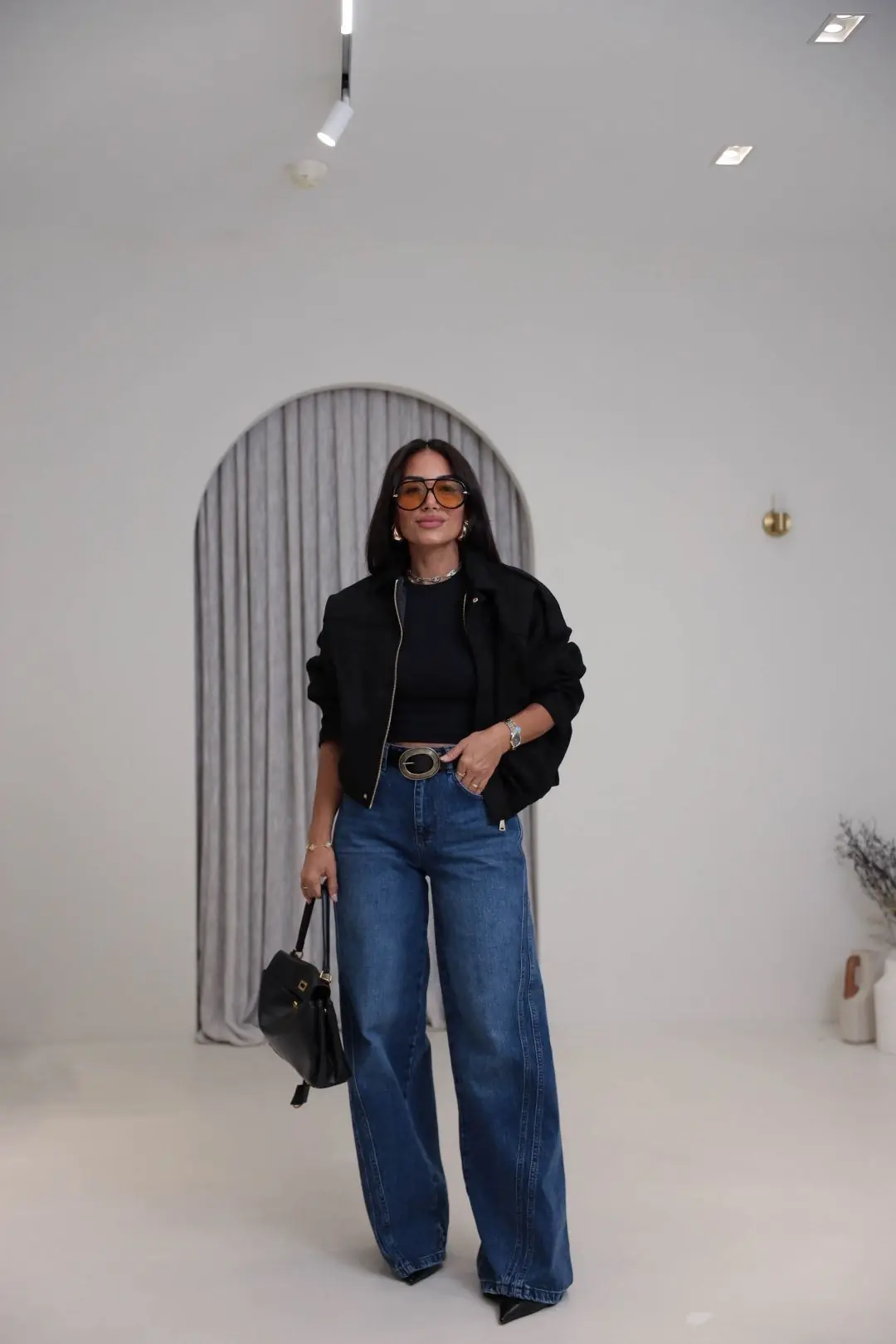 1067 Yanları Dikiş Detaylı Wide Leg Denim Pantolon KOYU MAVİ