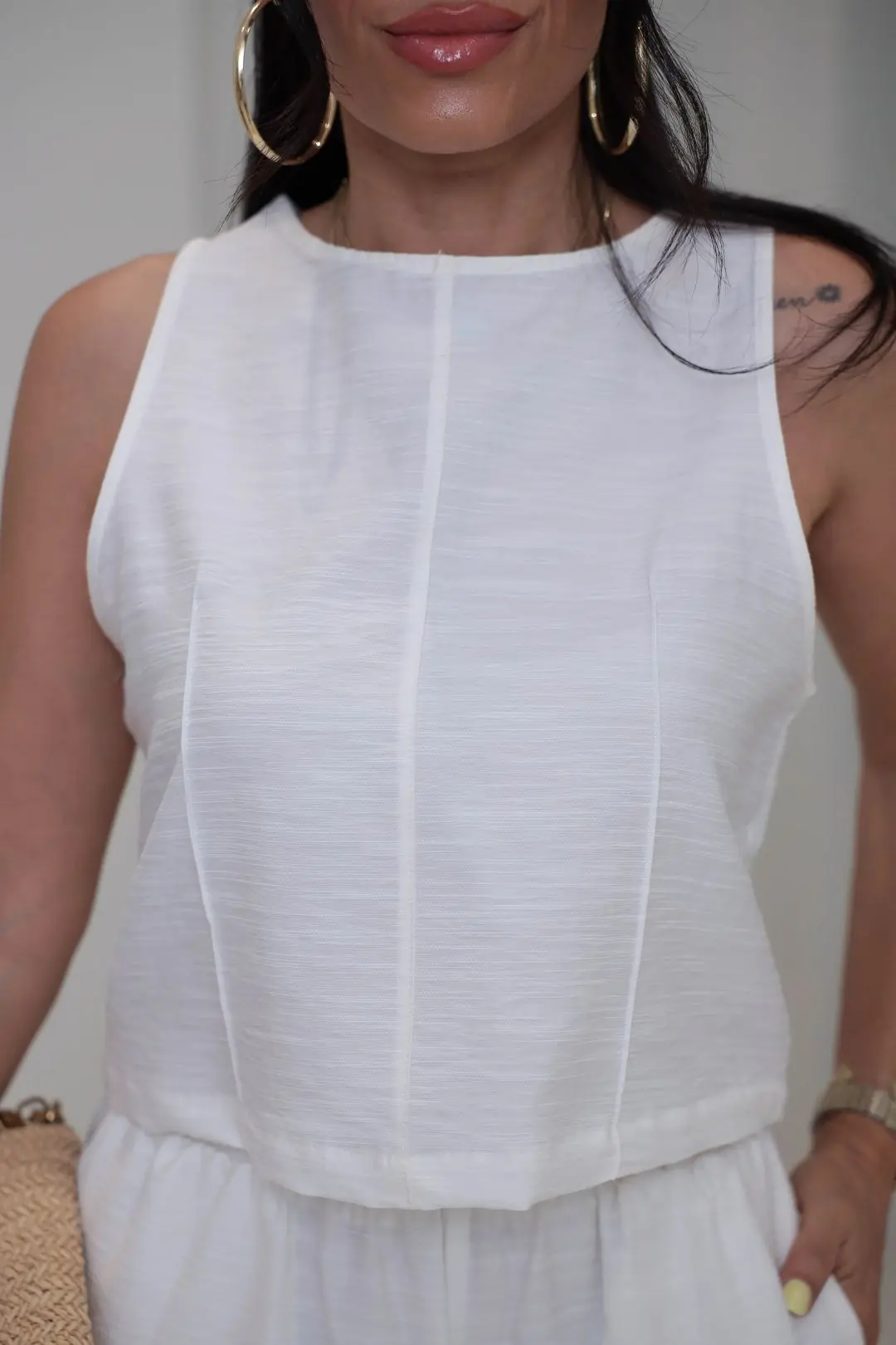 8568 Sıfır Kol Bluz Pantolon Takım EKRU