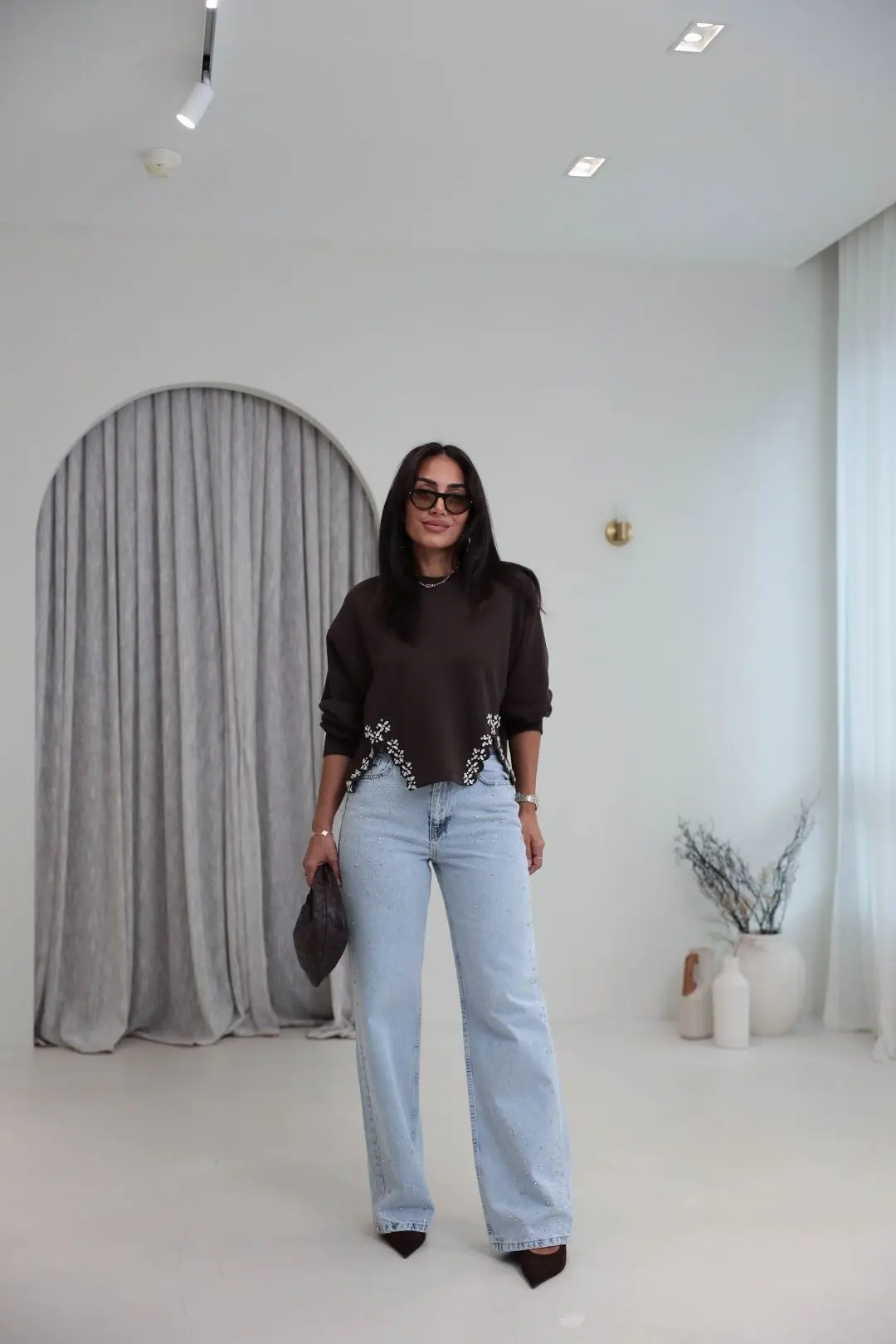 9095 Eteği Taş Süslemeli Pamuklu Sweatshirt KAHVE