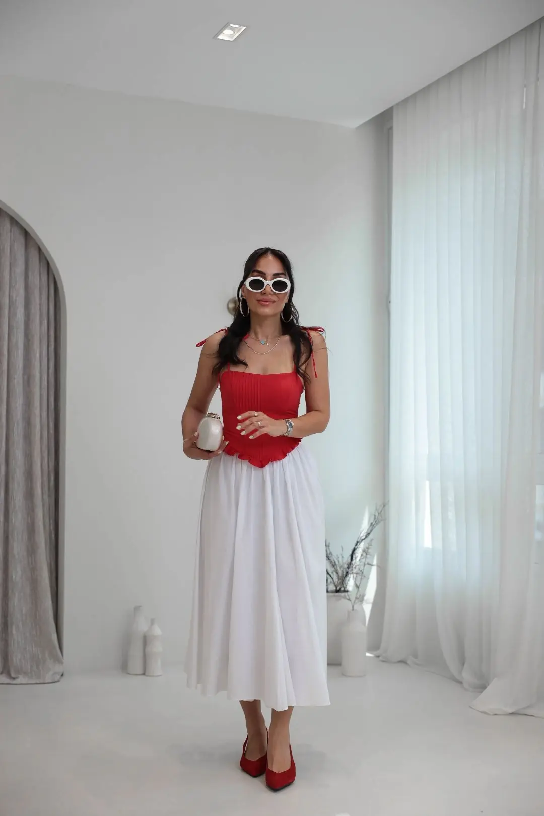 9254 Astarlı Poplin Pamuklu Kloş Etek BEYAZ
