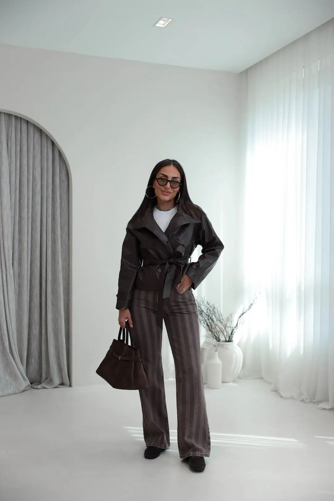 2371 Çizgili Wide Leg Jean KAHVE